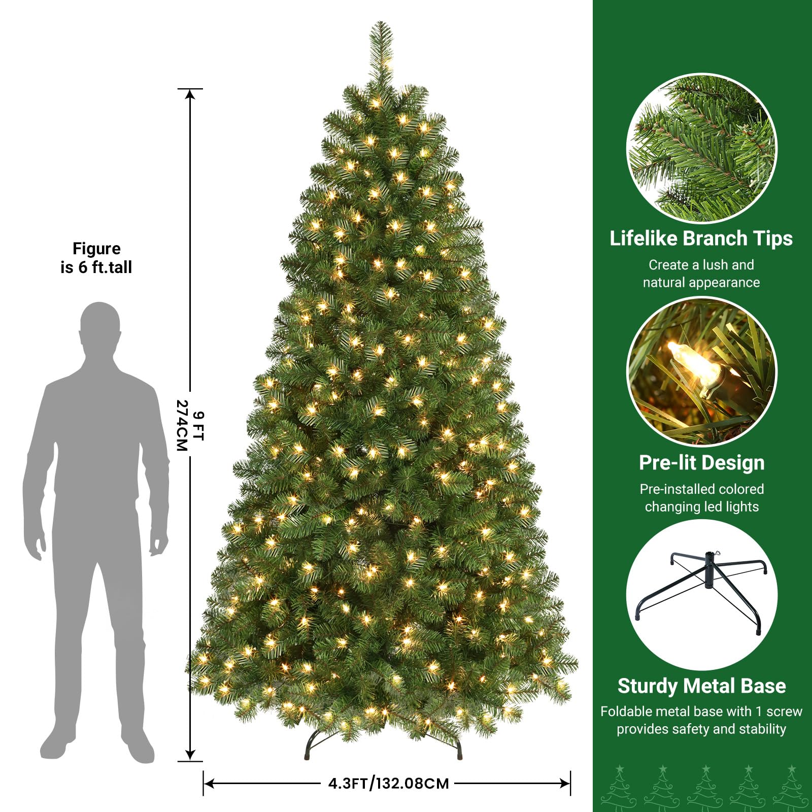 SHareconn 9ft Prelit Premium Artificial Hinged Christmas Tree with Warm White Lights, Perfect Choice for Xmas Decoration, 9 FT, Green - SHareconn