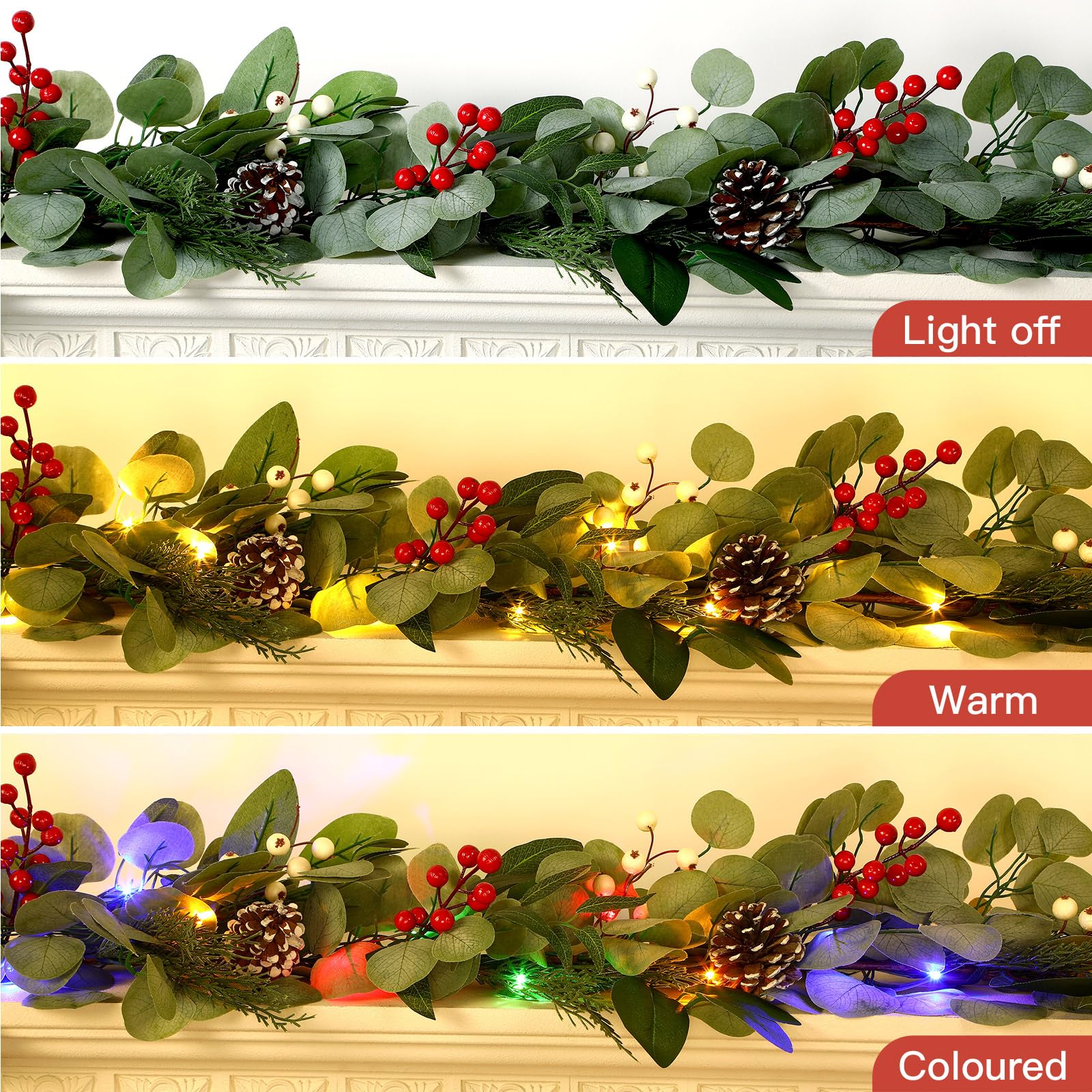 6ft Prelit Multi-Color Lights/Battery Operated Artificial Eucalyptus Christmas Garland