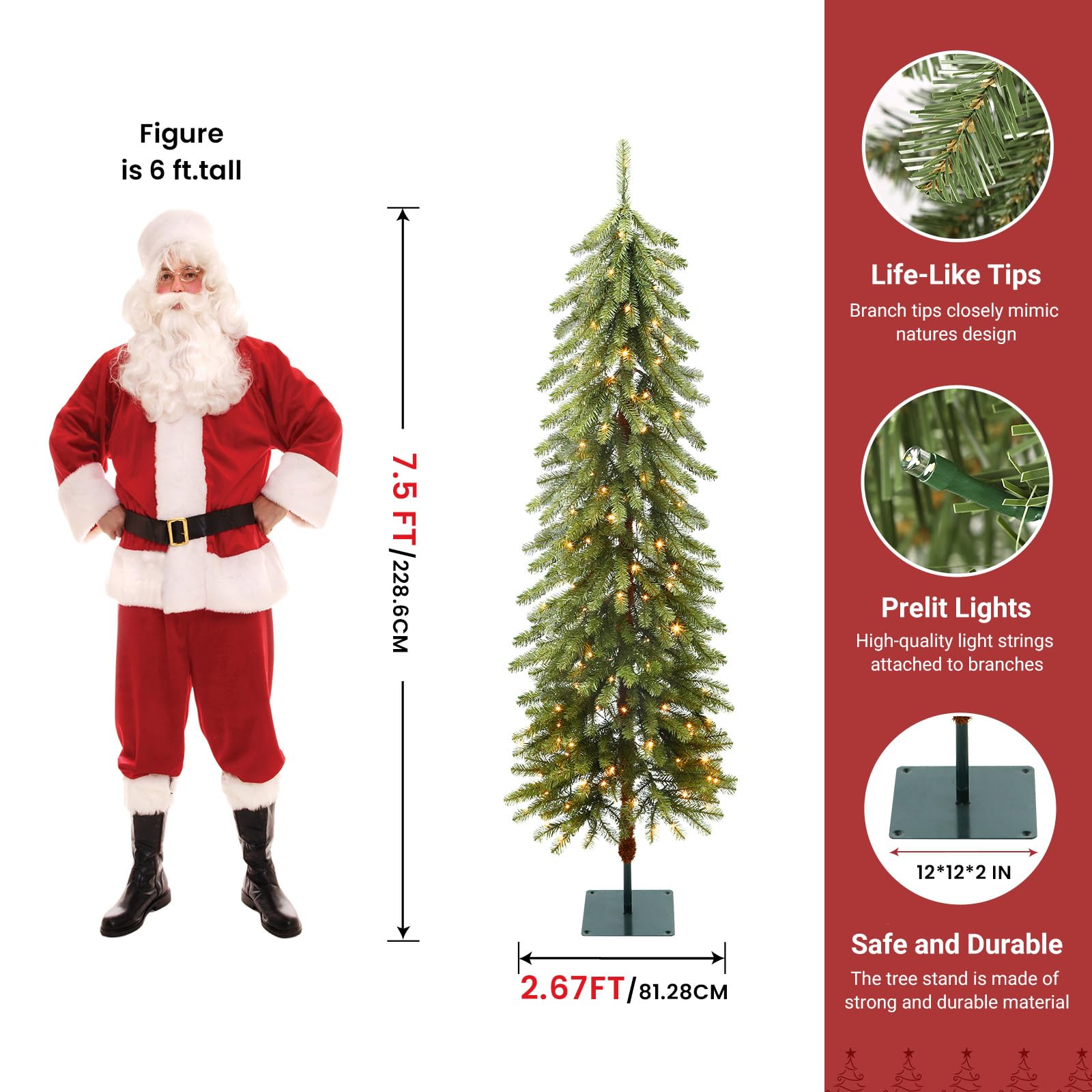 7.5ft Prelit Artificial Wooden Pole Pencil Christmas Tree with Remote, Pre-Lit 250 Warm White & Multi-Color Lights, 652 Branch Tips, Skinny Tree for Xmas Holiday Decoration, 7.5 FT - SHareconn