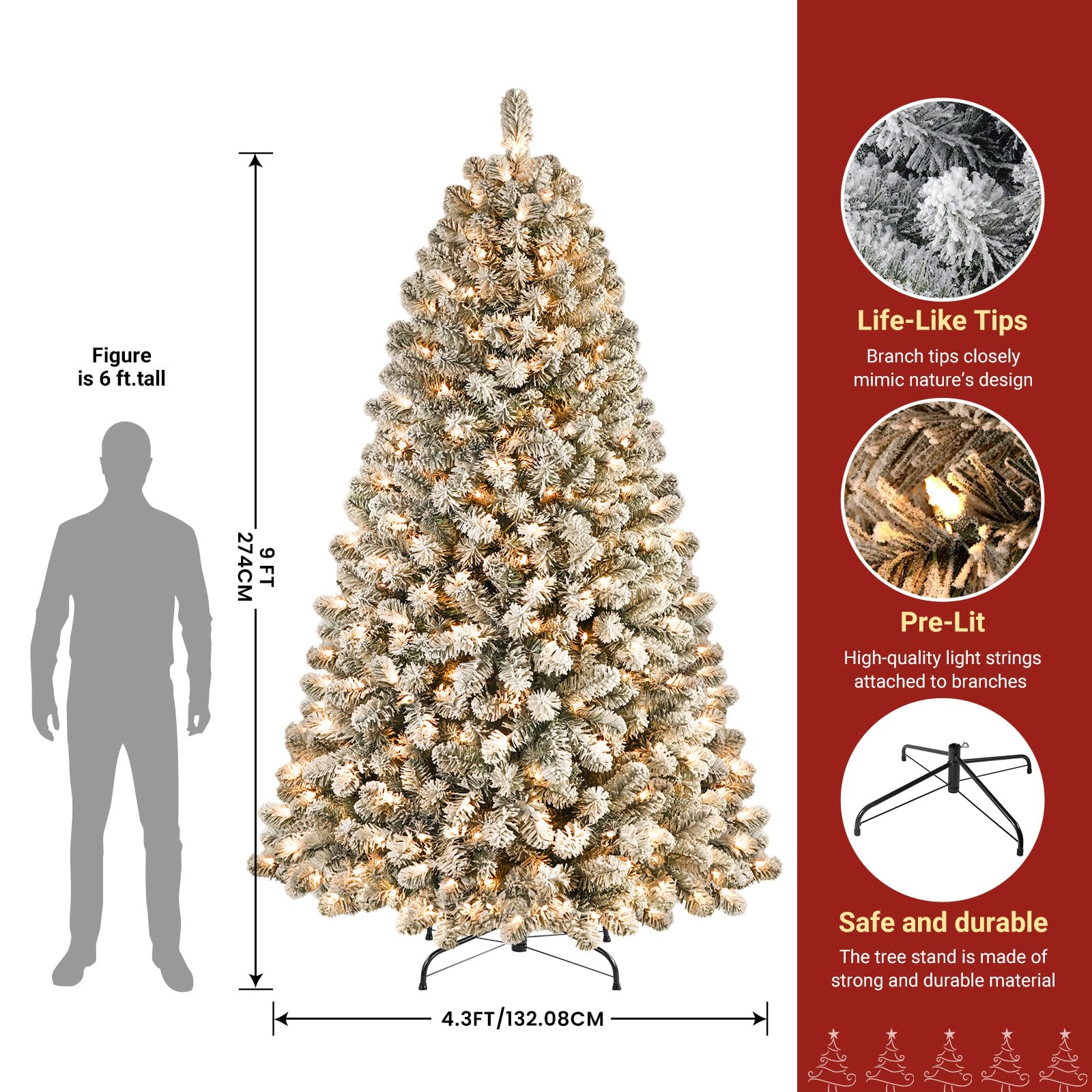 SHareconn 9ft Prelit Snow Flocked Artificial Holiday Christmas Tree with 350 Warm White Lights, Foldable Stand, Full Snow Branch Tips for Home, Office, Party Decoration, 9FT, White - SHareconn