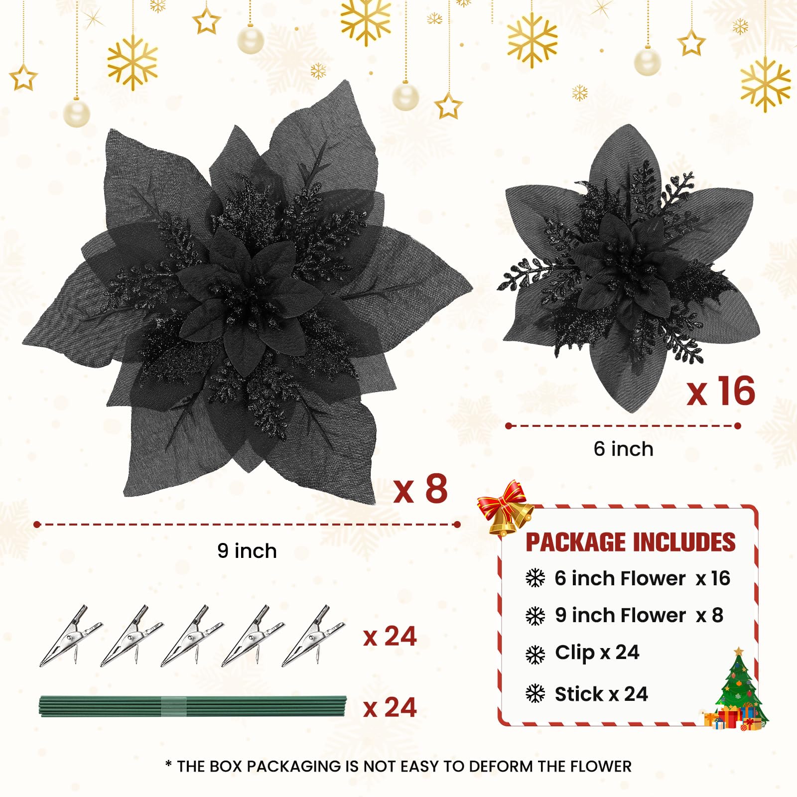 24 Pcs Boxed Christmas Flowers Glitter Tree Picks Ornaments for Wedding Xmas Tree New Year Holiday Decor with Clips and Sticks, Black