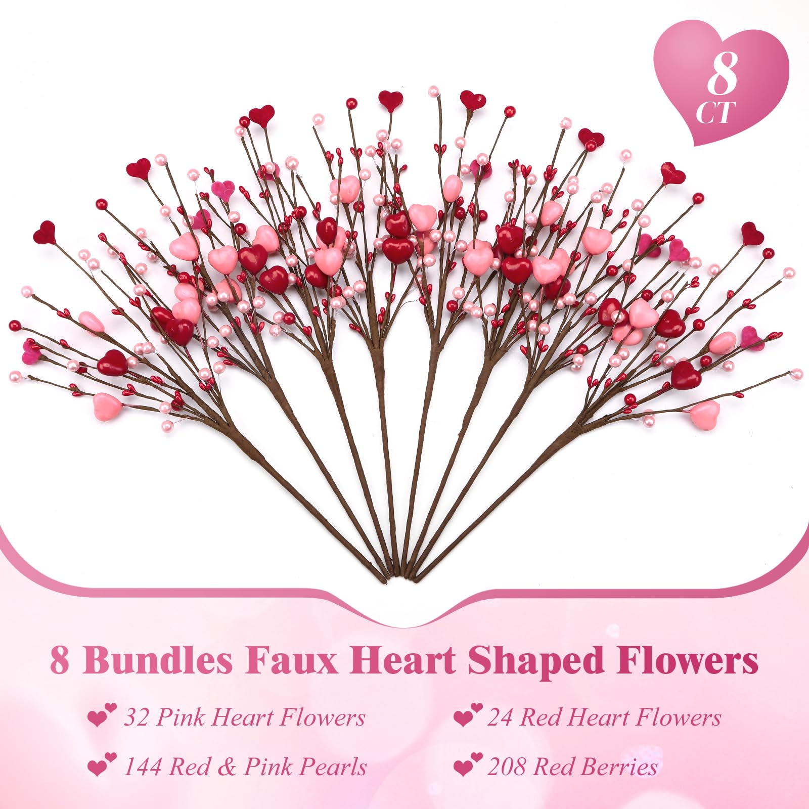 8 PCS Artificial Red Berry Flower Stems Pink Heart Shaped Berries Picks Branches