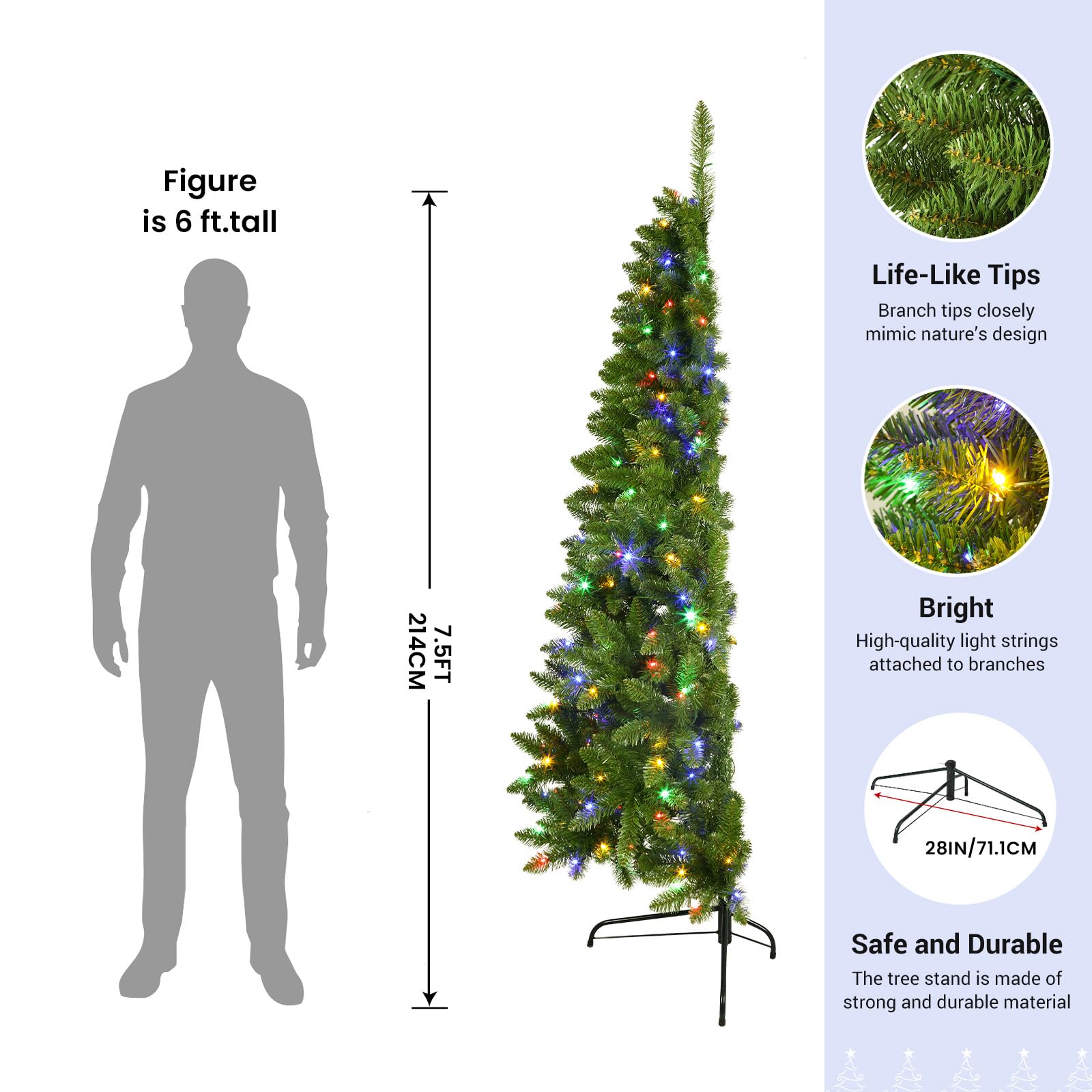 7.5ft Half Prelit Premium Artificial Hinged Christmas Tree with Remote Control,Timer, and 230 Warm White & Multi-Color LED Lights, 608 Branch Tips, Perfect Choice for Xmas Decoration, 7.5 FT - SHareconn