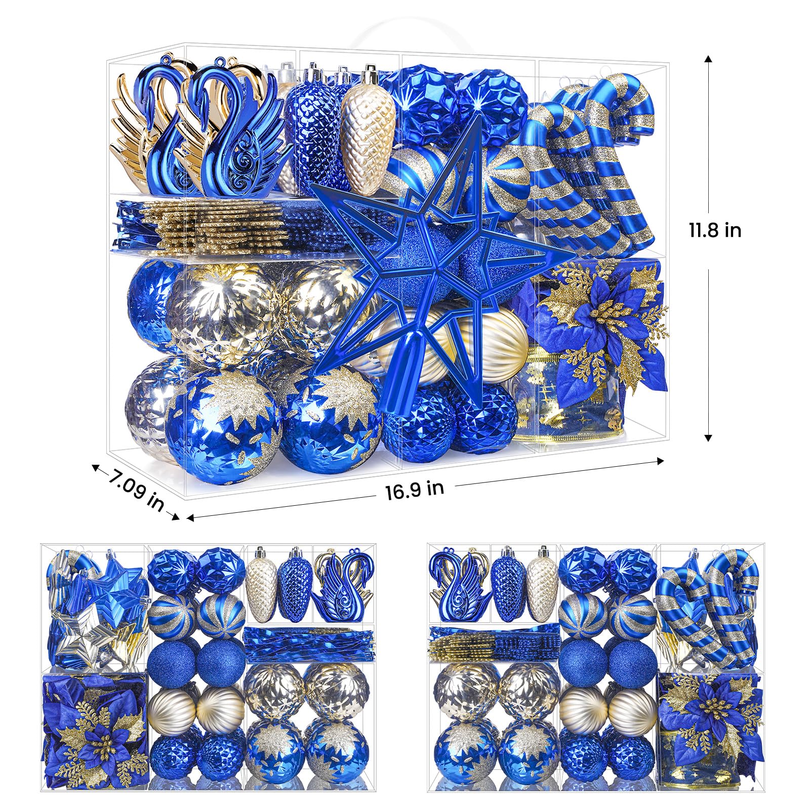 128pcs Christmas Shatterproof Plastic Baubles Christmas Flower, Ribbon and Tree Topper with Hanging Strings, Blue and Gold