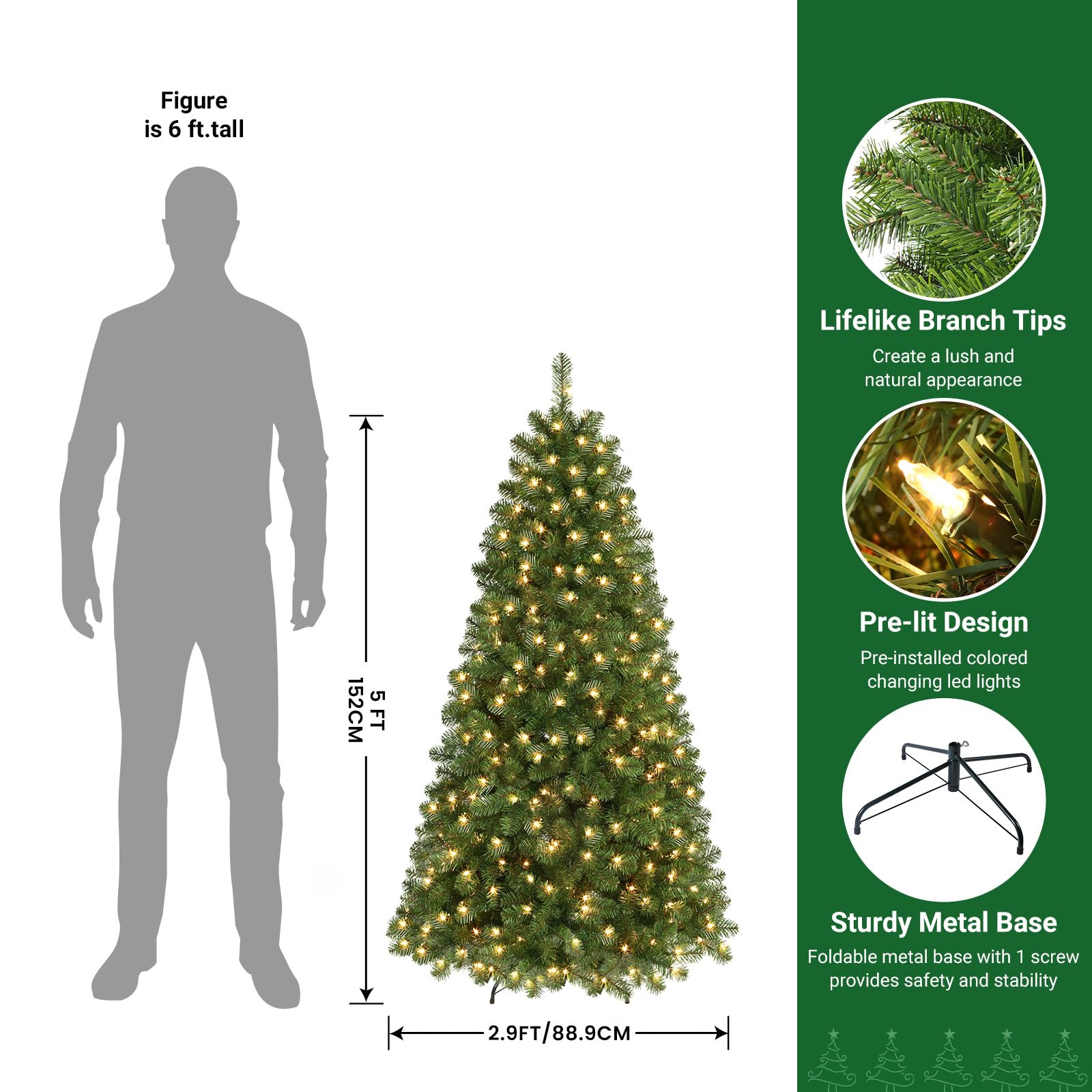 SHareconn 5ft Prelit Premium Artificial Hinged Christmas Tree with Warm White Lights, Perfect Choice for Xmas Decoration, 5 FT, Green - SHareconn