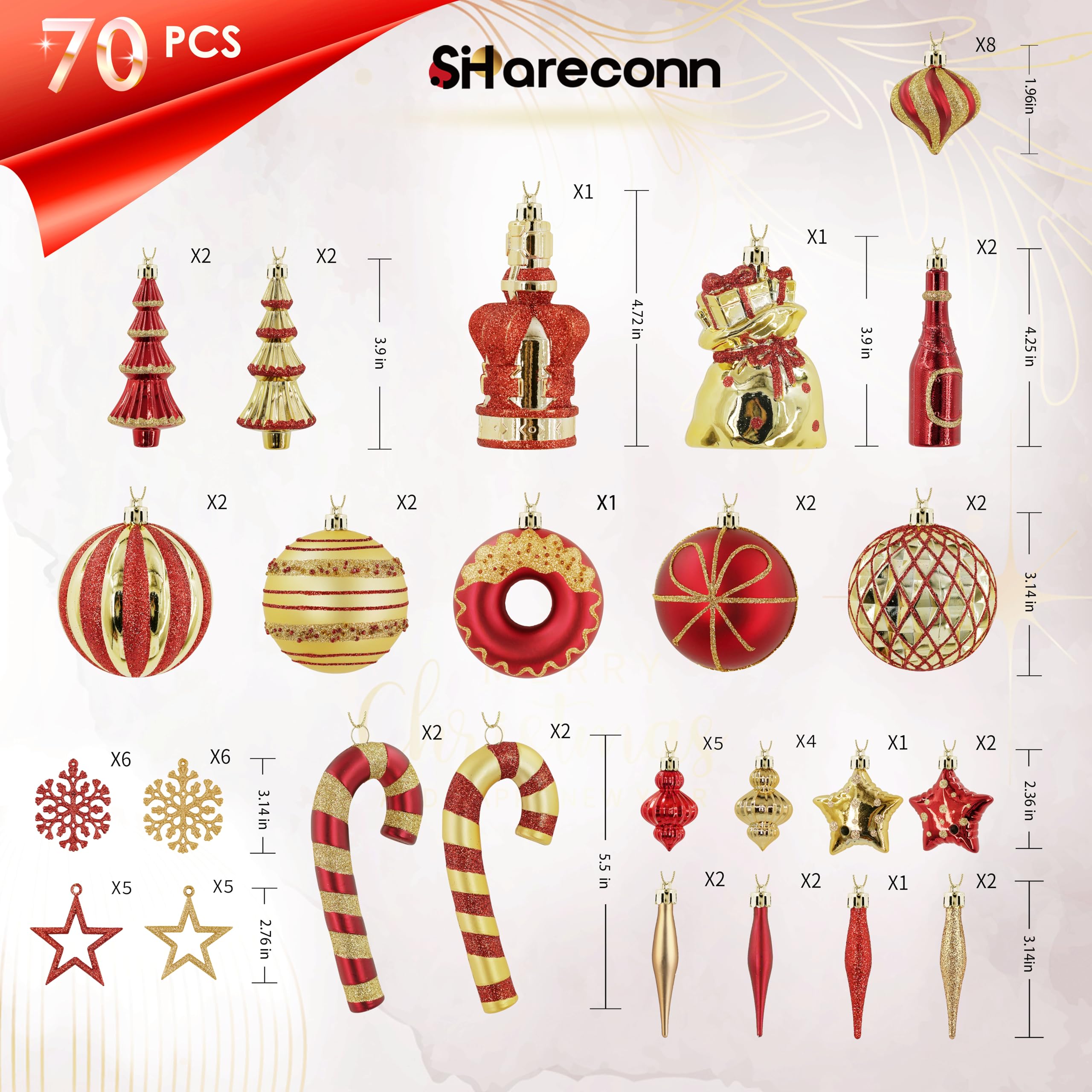 70 Pcs Red and Gold Snowflakes, Five-pointed Stars, Canes Christmas Ball Ornament Set