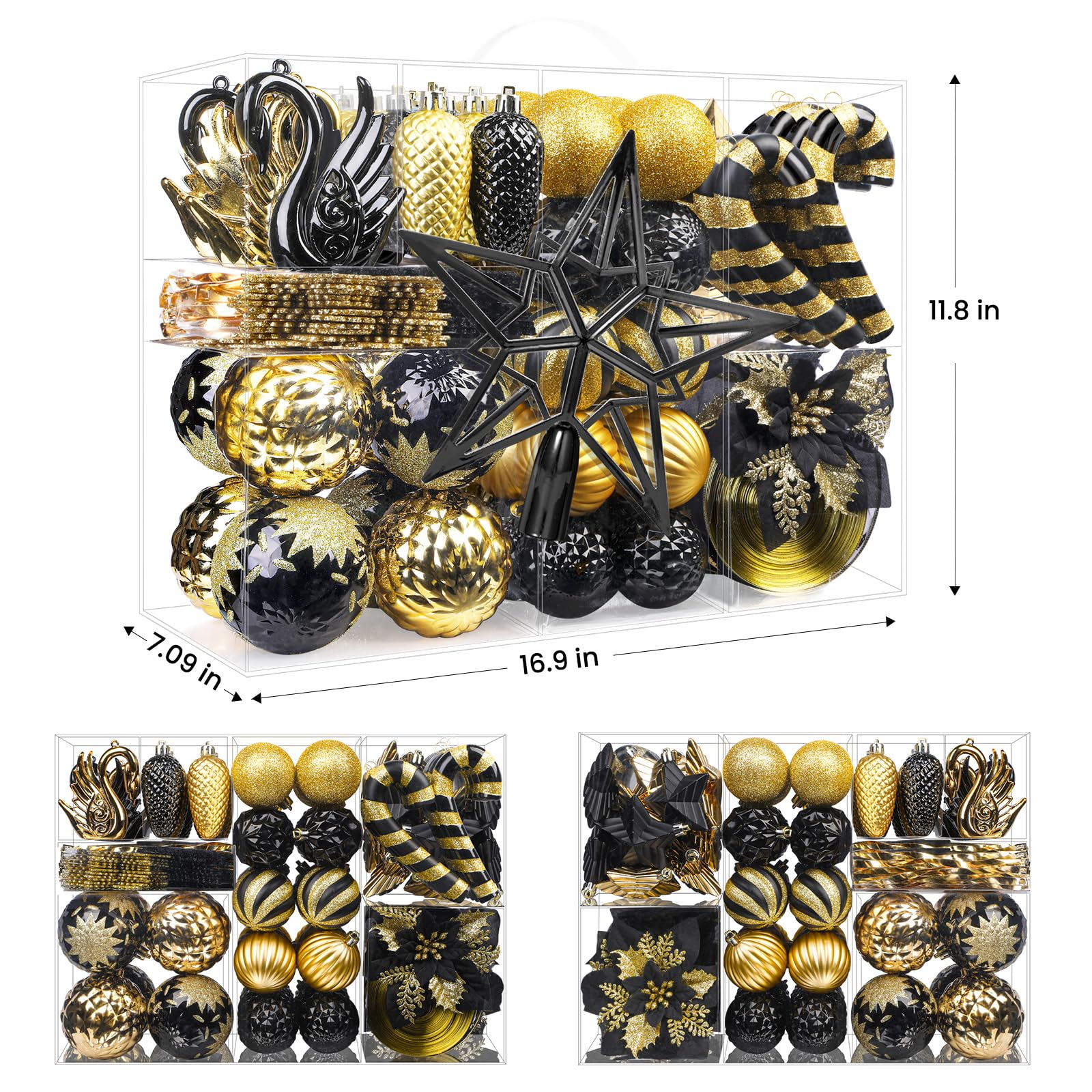 128pcs Christmas Balls Ornaments Set with Hanging Strings, Black and Gold