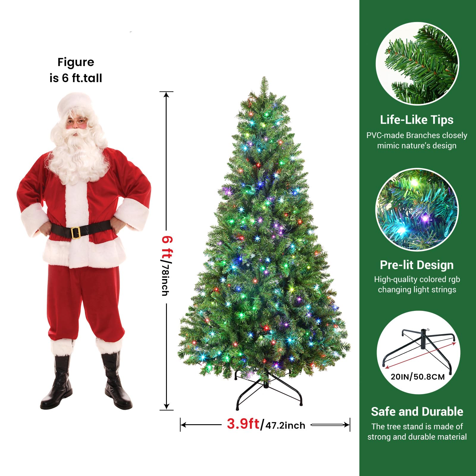 6ft Prelit RGB Lights Premium Artificial Hinged Christmas Tree with Remote - SHareconn