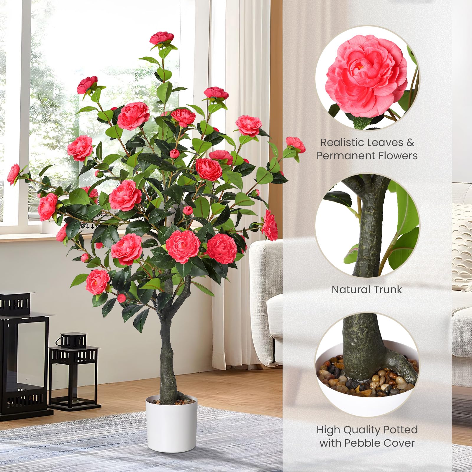 4FT Artificial Camellia Tree with 40 Pink Blooming Flowers Pink 2 Pack