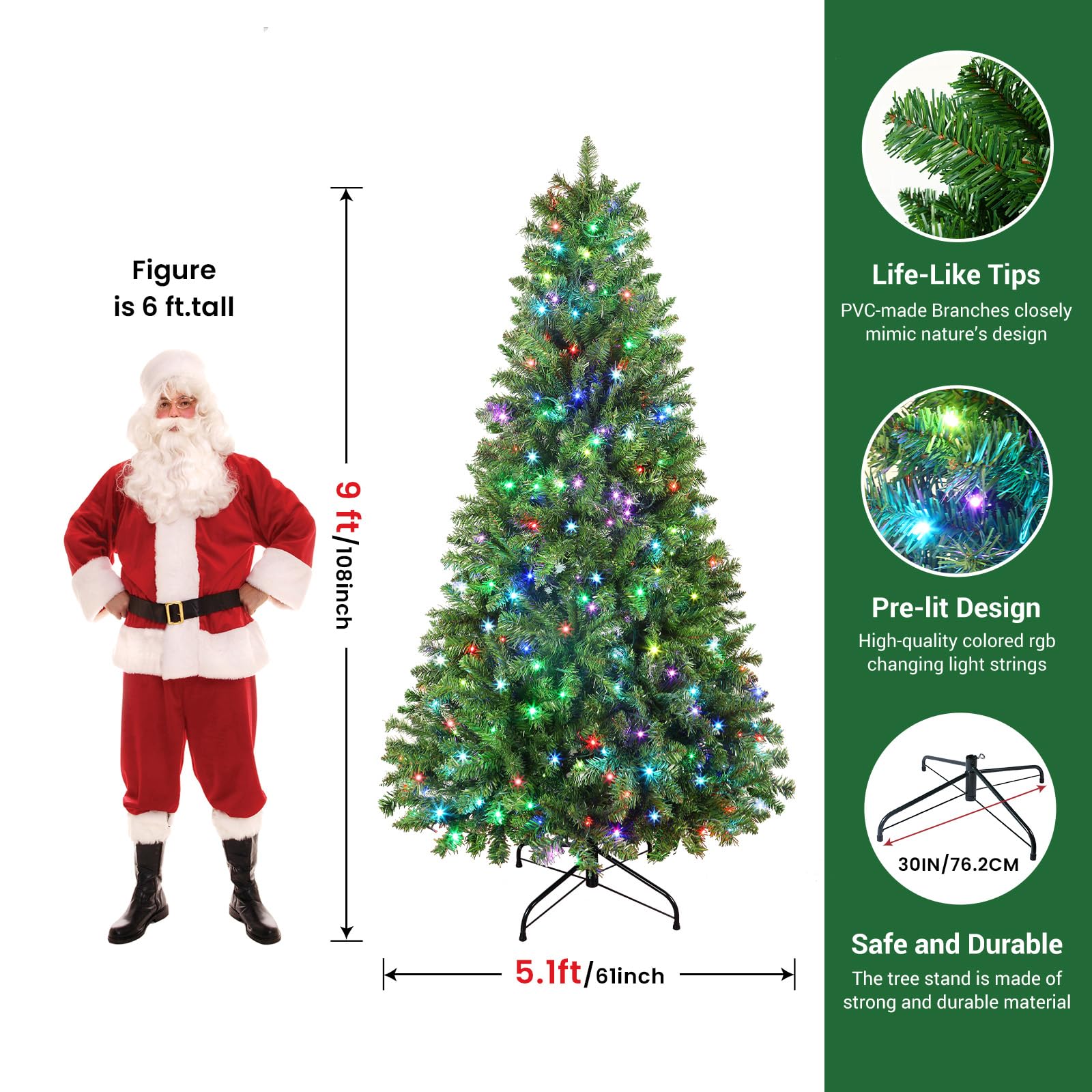 SHareconn 9ft Prelit Premium Artificial Hinged Christmas Tree with 640 RGB Lights, 2316 Branch Tips and Foldable Metal Stand, Perfect Choice for Xmas Decoration, 9 FT, Green - SHareconn