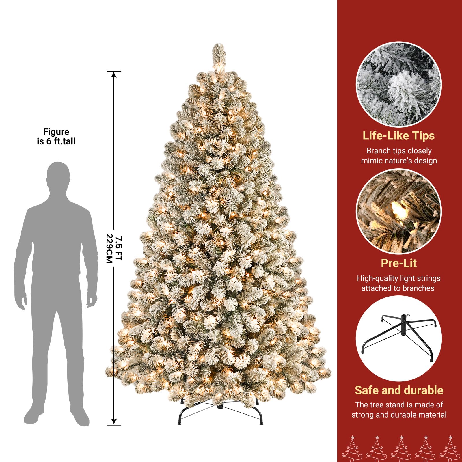 7.5ft Prelit Warm White Lights Snow Flocked Artificial Holiday Christmas Tree - SHareconn