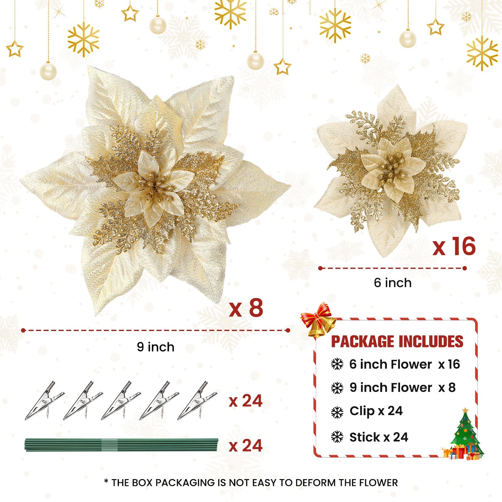 24 Pcs 6"&9" Gold Large Size Poinsettia Artificial Christmas Flowers Decorations for Christmas Tree with Clips&Sticks