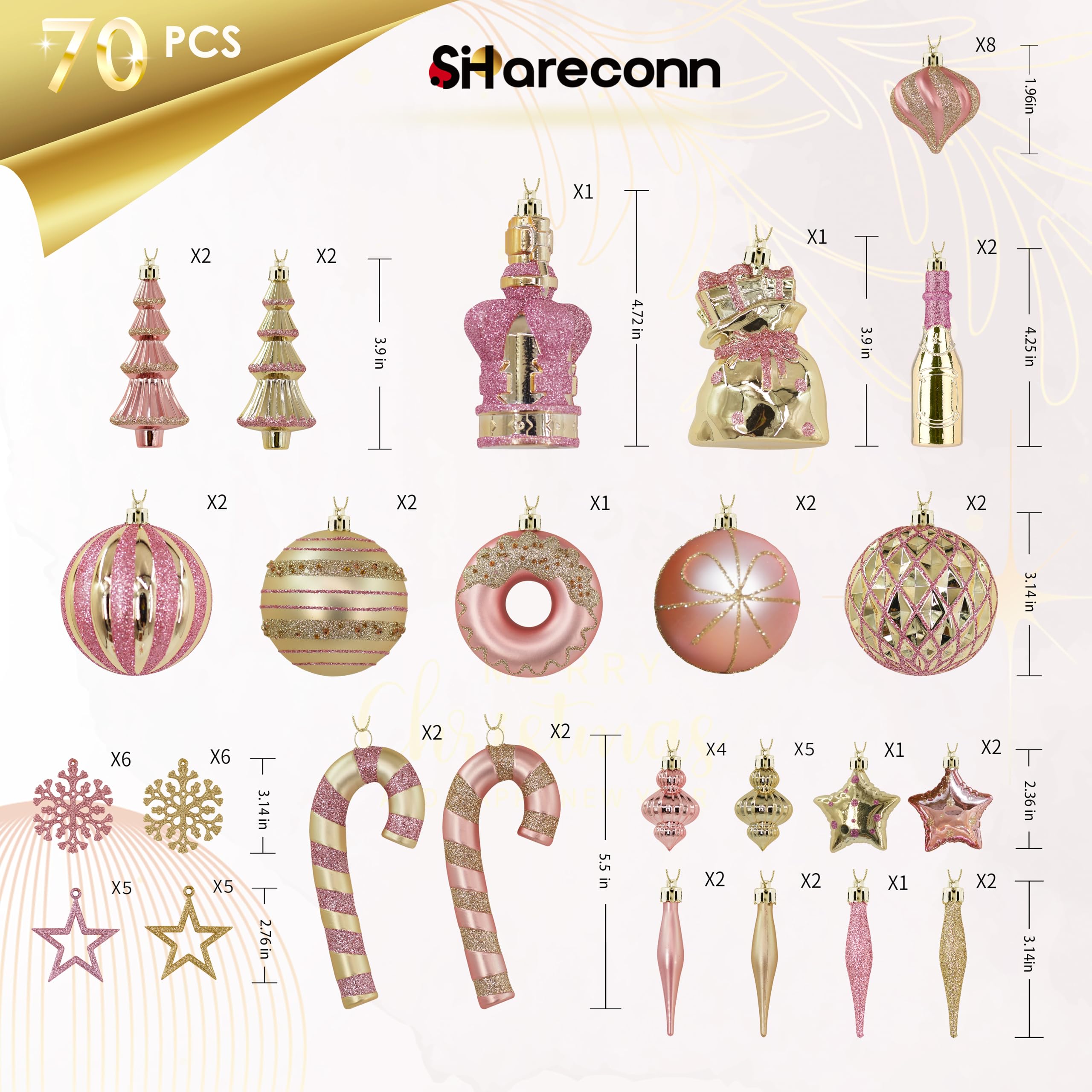 70 pcs Pink and Gold Christmas Ball Ornament Set