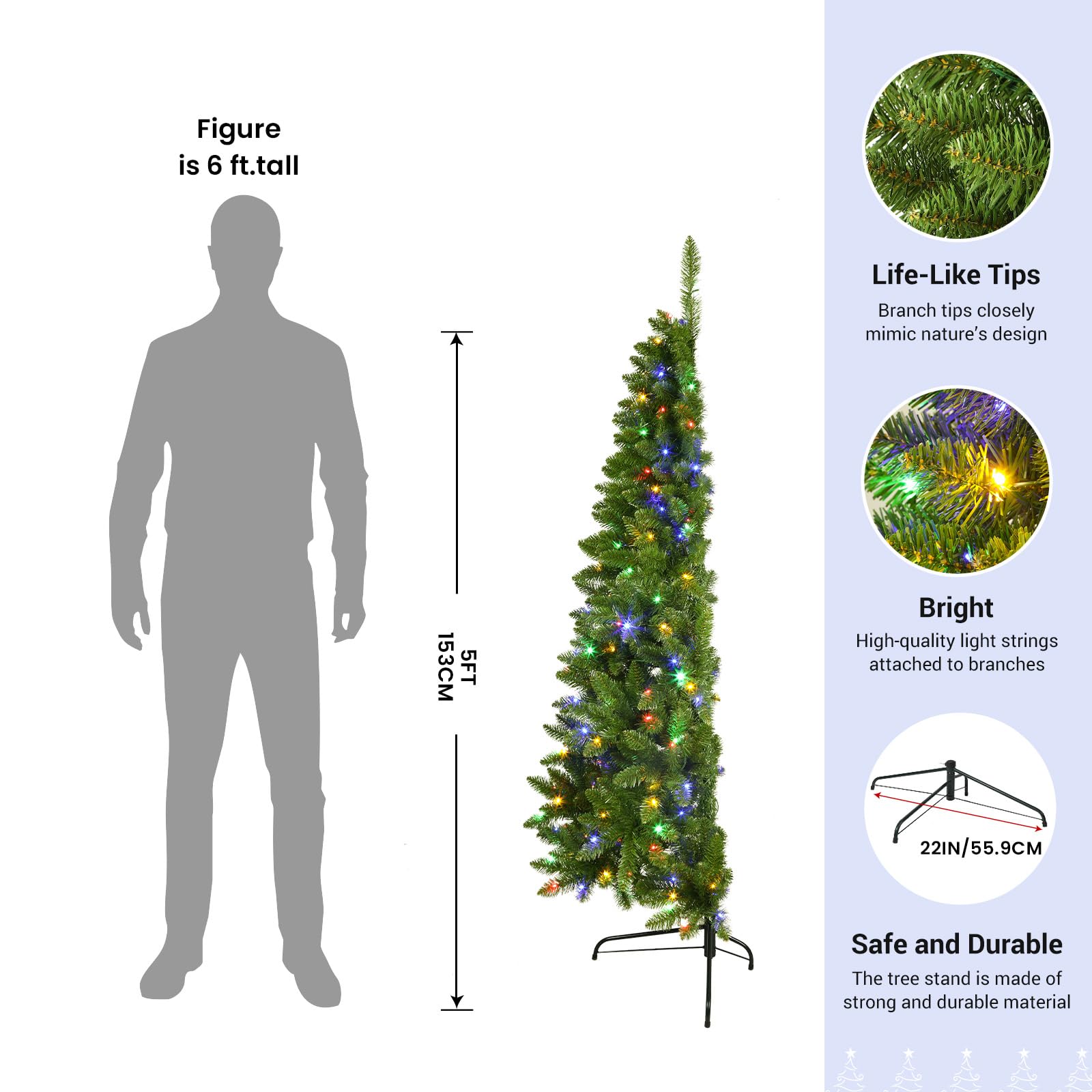 5ft Half Prelit Premium Artificial Hinged Christmas Tree with Remote Control,Timer, and 190 Warm White & Multi-Color LED Lights, 350 Branch Tips, Perfect Choice for Xmas Decoration, 5 FT - SHareconn