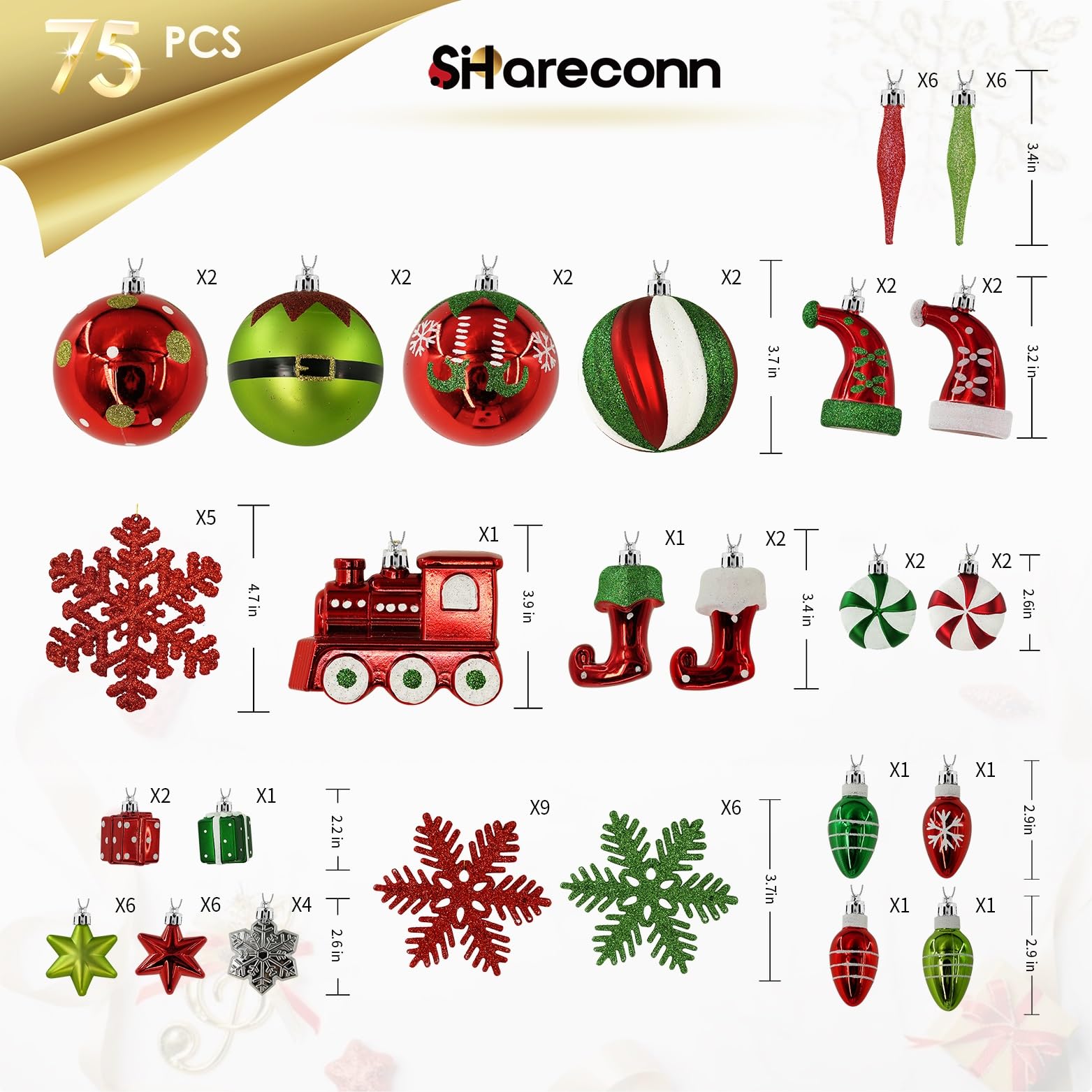 75 Pcs Red Green & White Miniature Trains, Boots, and Santa Hats Christmas Balls Ornaments Set