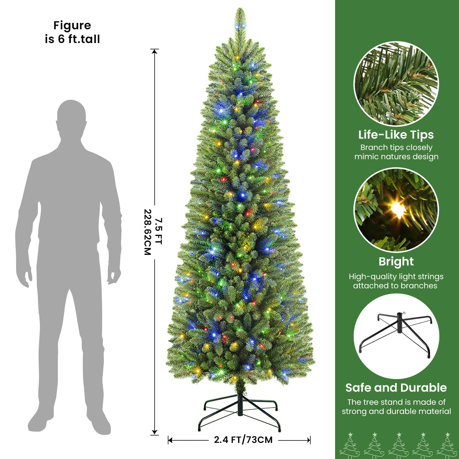 SHareconn 7.5ft Prelit Artificial Hinged Slim Pencil Christmas Tree, Pre-Lit 310 Warm White & Multi-Color Lights with Remote Control, Full Branch Tips, First Choice Decorations for X-mas, 7.5 FT,Green - SHareconn