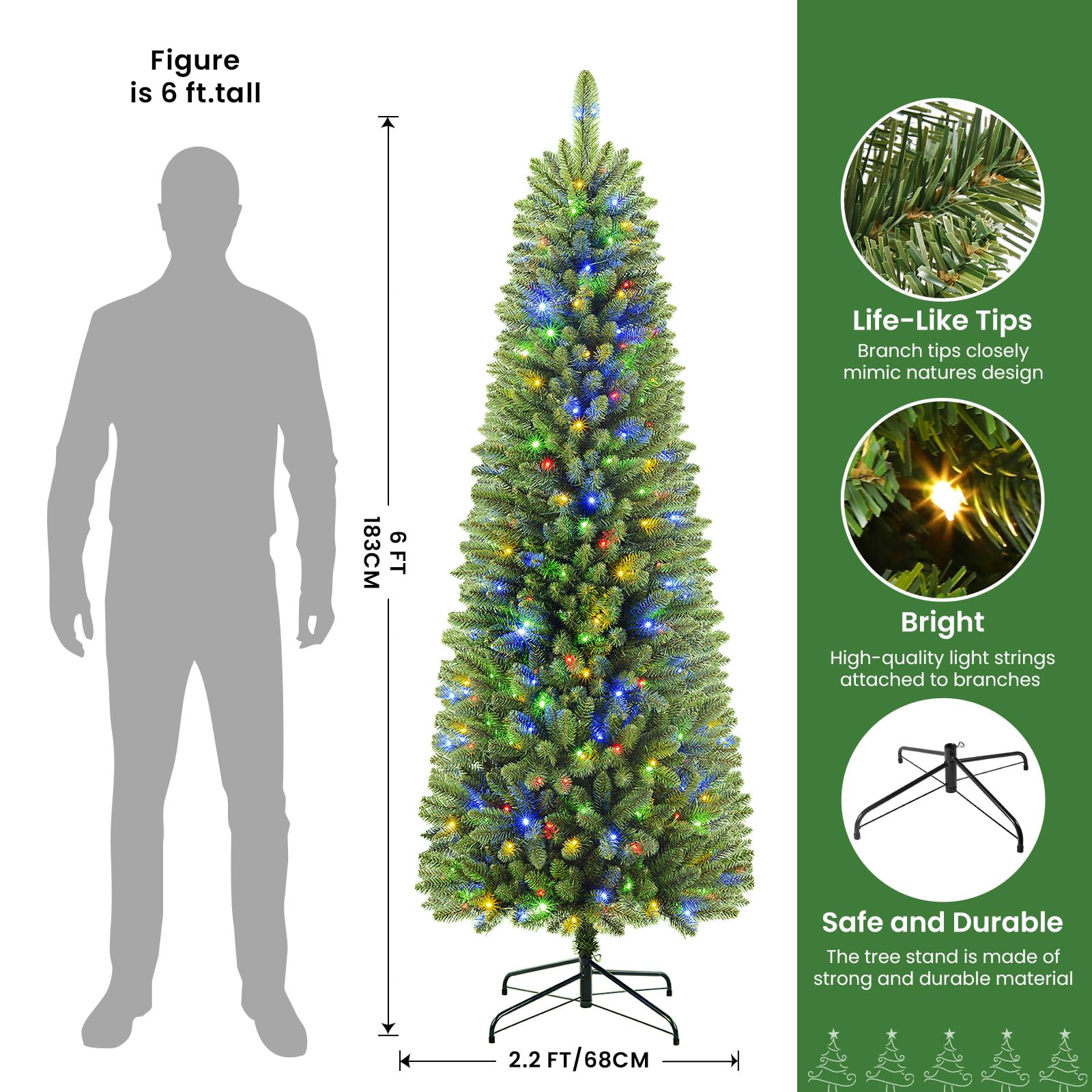 6ft Warm White & Multi-Color Lights Prelit Artificial Slim Pencil Christmas Tree with Remote - SHareconn