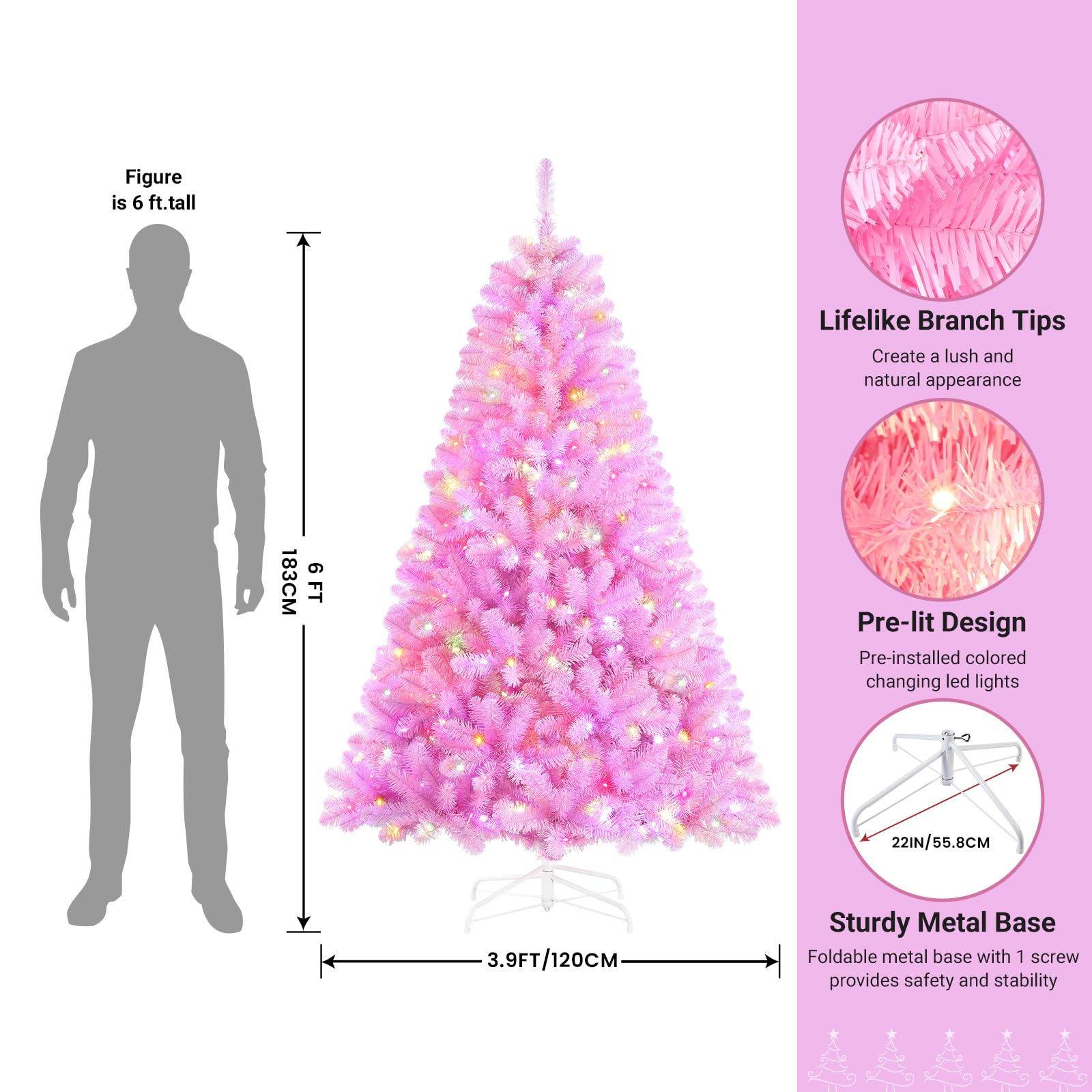 SHareconn 6ft Prelit Premium Artificial Hinged Christmas Tree with Remote Control,Timer,and 330 Warm White & Color LED Changing Lights,950 Branch Tips,Perfect Choice for Xmas Decoration,6 FT,Pink - SHareconn