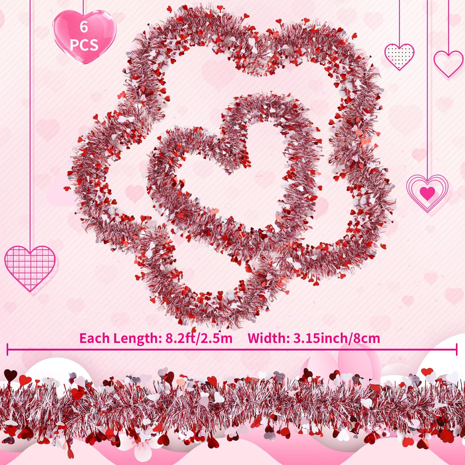 6 Pieces Total 50 FT Valentines Day Heart Tinsel Garland, Metallic Shiny Twist Valentine Garlands Hanging Decorations for Wedding Party Indoor and Outdoor Decor, Red Pink and White