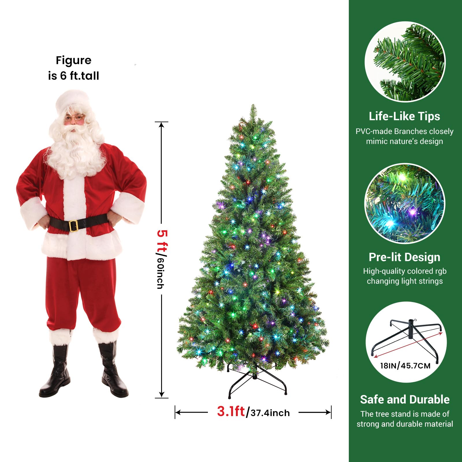 SHareconn 5ft Prelit Premium Artificial Hinged Christmas Tree with 250 RGB Lights, 624 Branch Tips and Foldable Metal Stand, Perfect Choice for Xmas Decoration, 5 FT, Green - SHareconn