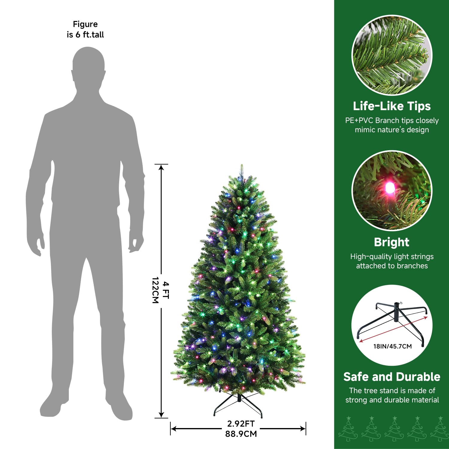 4ft Prelit Premium Artificial Hinged Full Christmas Tree with Remote Control, Timer, 260 Pre-Lit New Upgraded Multi-Color RGB Lights, 685 Branch Tips, Perfect Choice for Xmas Decoration, 4FT - SHareconn