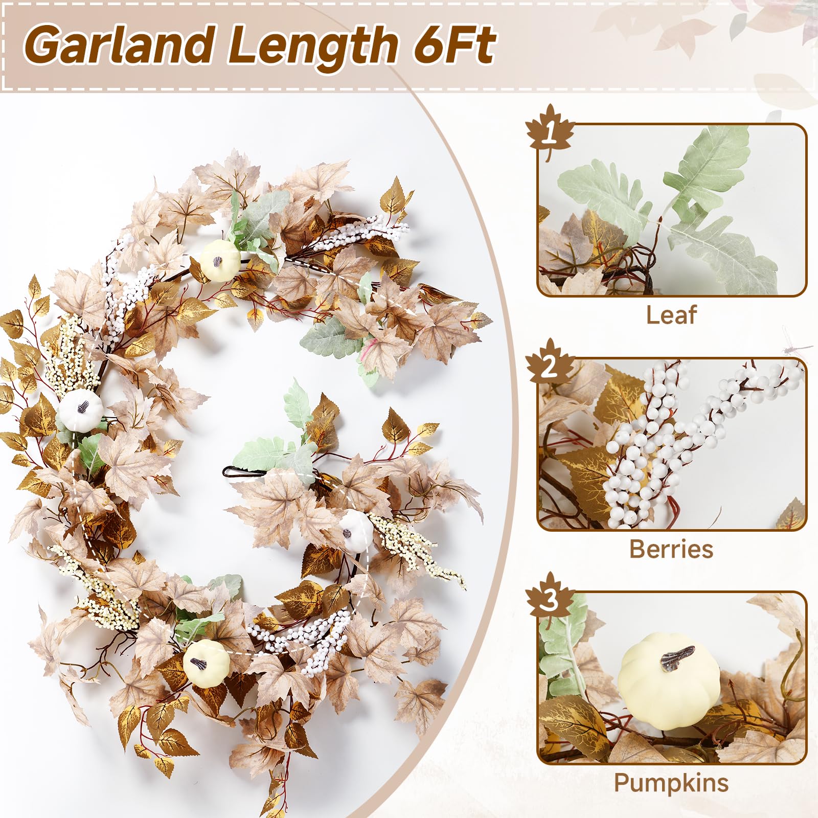 6FT Fall Garland Decor White Pumpkin & Maple Leaves Garland(White) - SHareconn