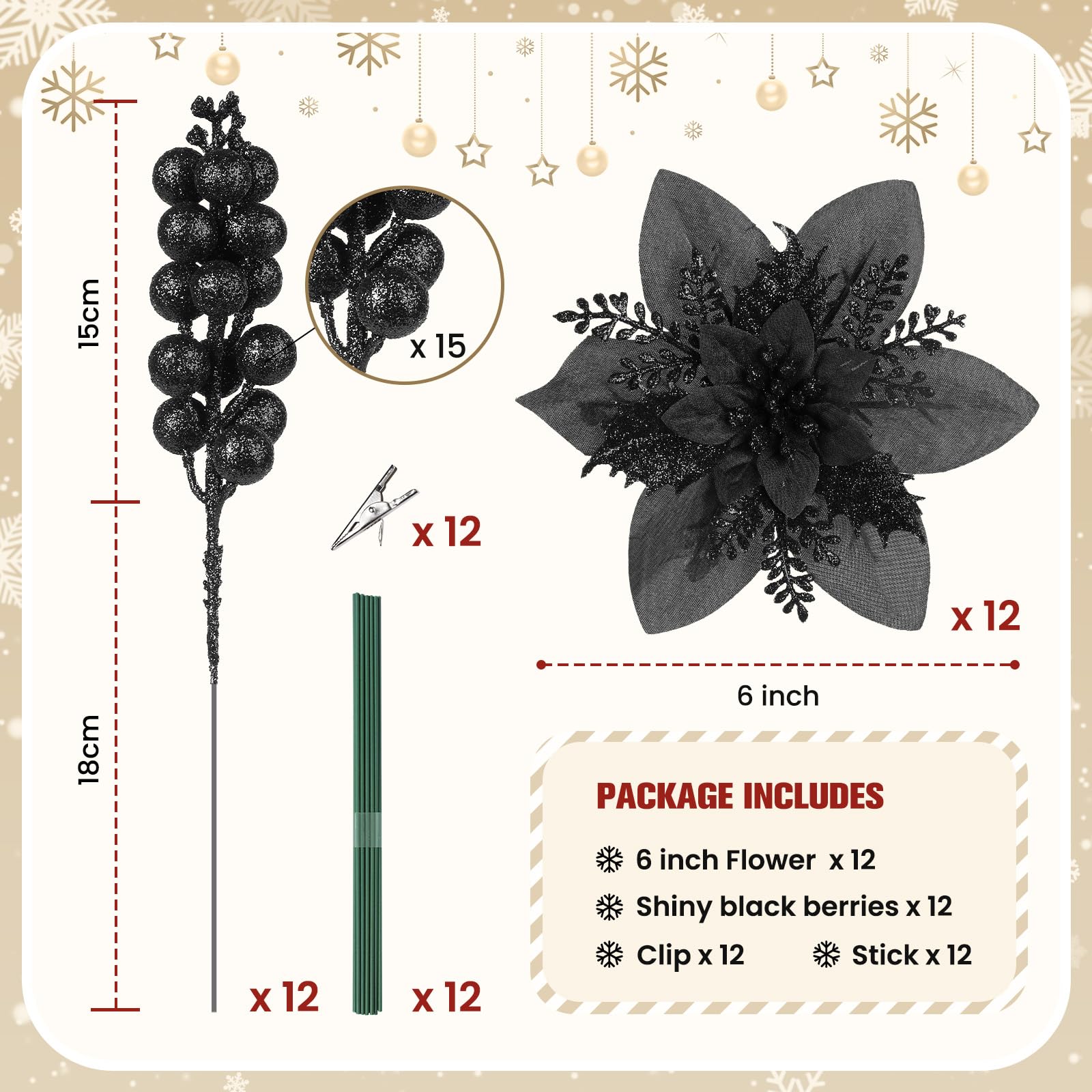 24 Pcs Black Boxed 12Pcs Poinsettias Artificial Christmas Flowers+12Pcs Holly Berry Stems for Christmas Tree Decor