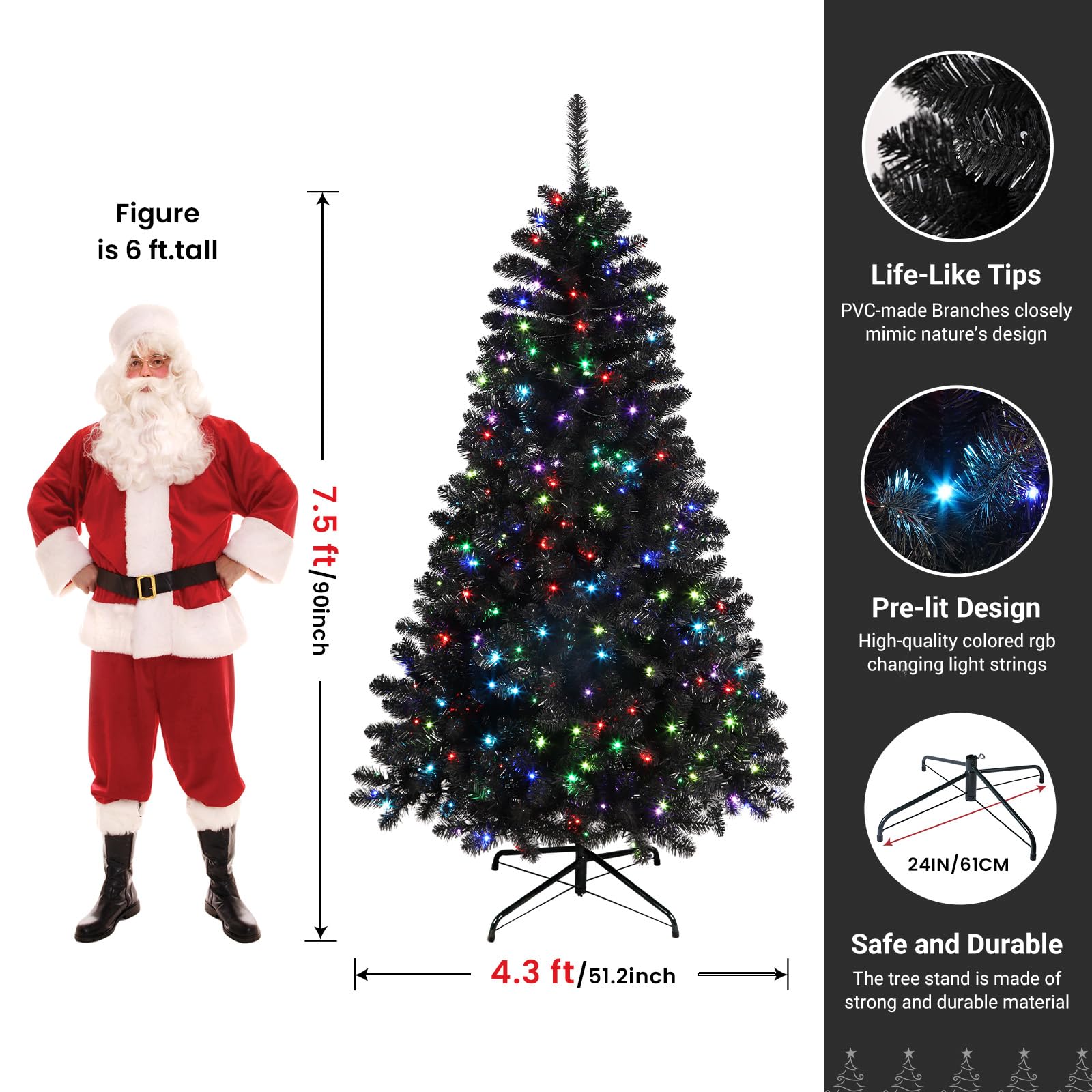 SHareconn 7.5ft Prelit Premium Artificial Hinged Christmas Tree with 470 RGB Lights, 1264 Branch Tips and Foldable Metal Stand, Perfect Choice for Xmas Decoration, 7.5 FT, Black - SHareconn