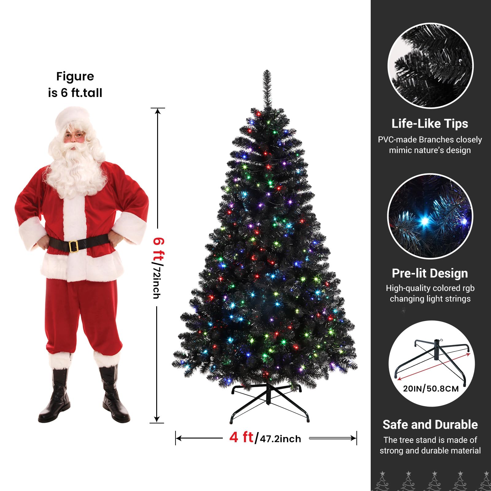 SHareconn 6ft Prelit Premium Artificial Hinged Christmas Tree with 250 RGB Lights, 952 Branch Tips and Foldable Metal Stand, Perfect Choice for Xmas Decoration, 6 FT, Black - SHareconn