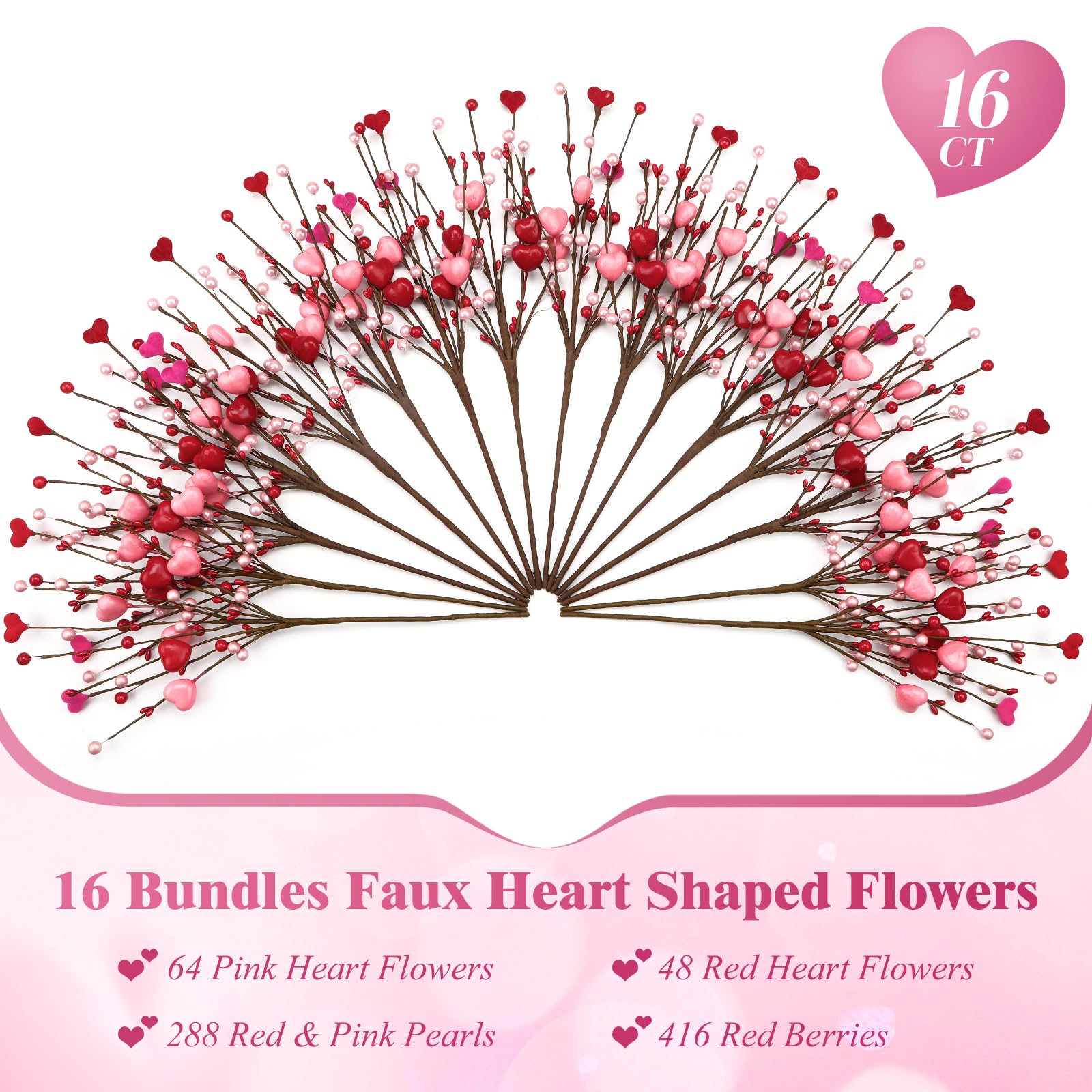 16 PCS Valentine's Day Gifts, Artificial Red Berry Flower Stems Pink Heart Shaped Berries Picks Branches for Valentine Decorations, Mother's Day, Wedding Anniversary Home Table Indoor Decor