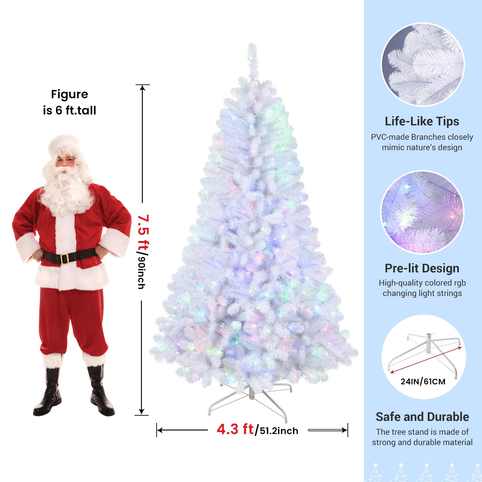 7.5ft Prelit RGB Lights Premium Artificial Hinged White Christmas Tree - SHareconn