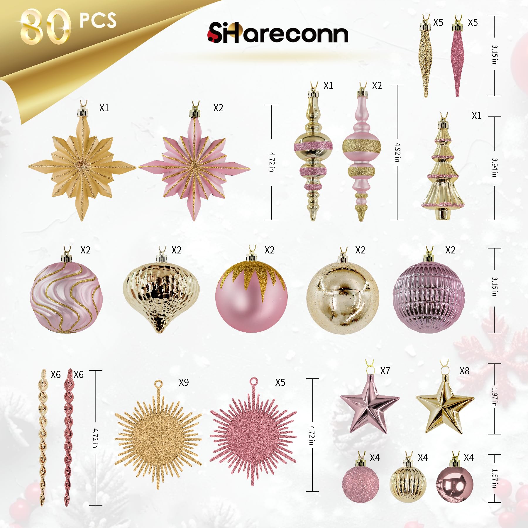 80ct Pink and Gold Christmas Ball Ornament Set