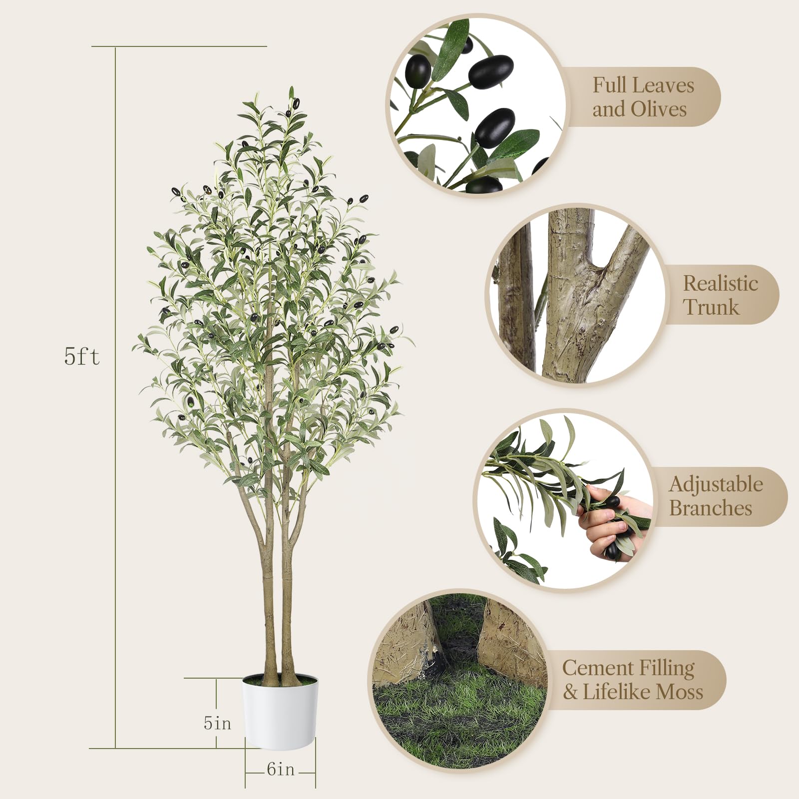 5 FT Artificial Olive Trees, Faux Olive Tree Indoor with Natural Wood Trunk & Lifelike Fruits