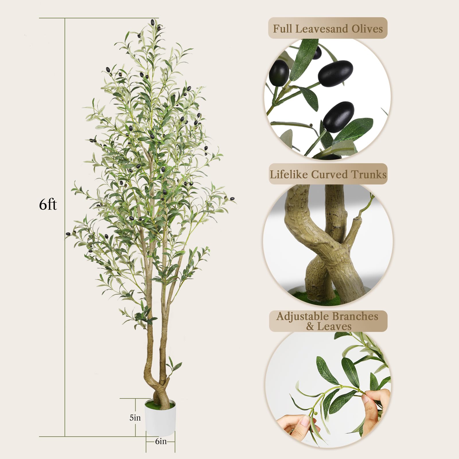 6ft Artificial Olive Tree Faux Silk Plant with Lively Artifical Wood Trunk and Lifelike Fruits