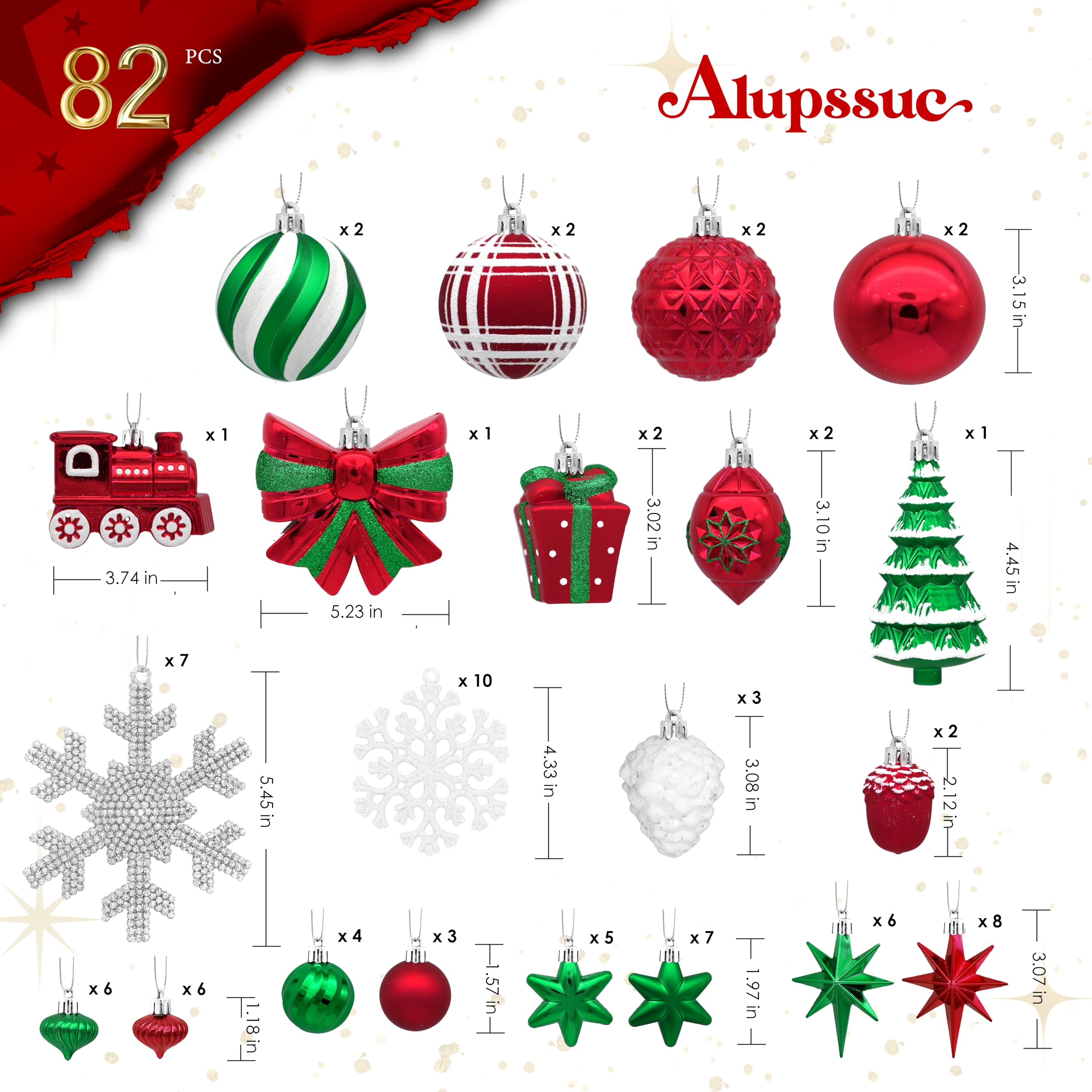 82pcs Red,Green and White Christmas Balls Ornaments Set with Hanging Strings