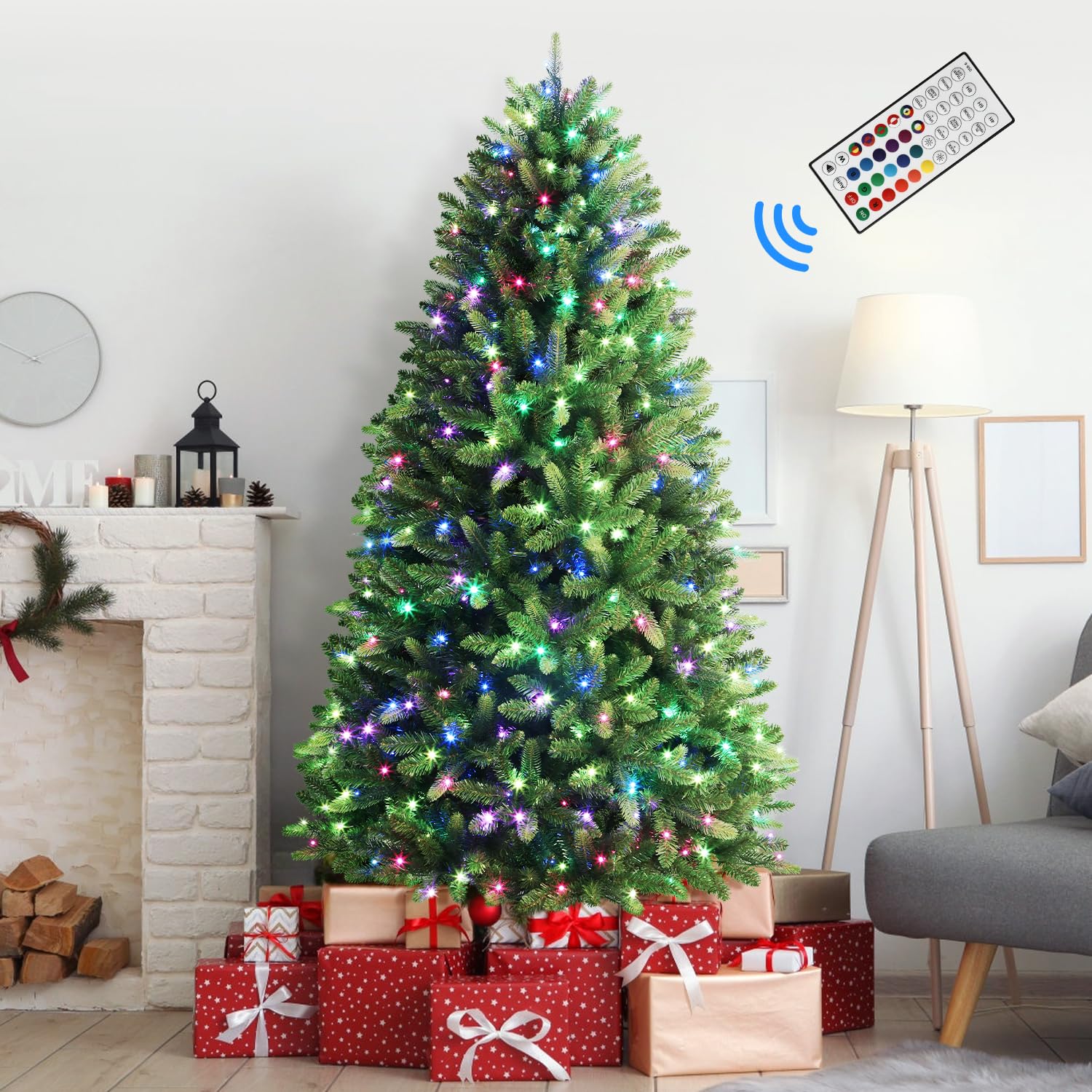 7.5ft Prelit Premium Artificial Hinged Full Christmas Tree with Remote Control, Timer, 600 Warm White & Colored Changing Lights, 1943 Branch Tips, Perfect Choice for Xmas Decoration, 7.5 FT - SHareconn