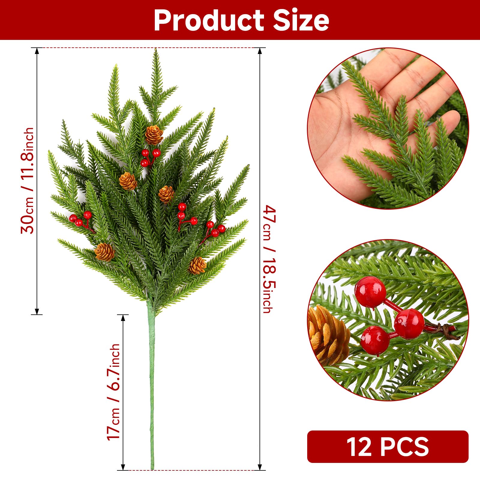 12PCS 17" Artificial Norfolk Pine Branches Decorations, Fake Cedar Stems with Pine Needle&Cone&Berry for Home/Holiday/Party