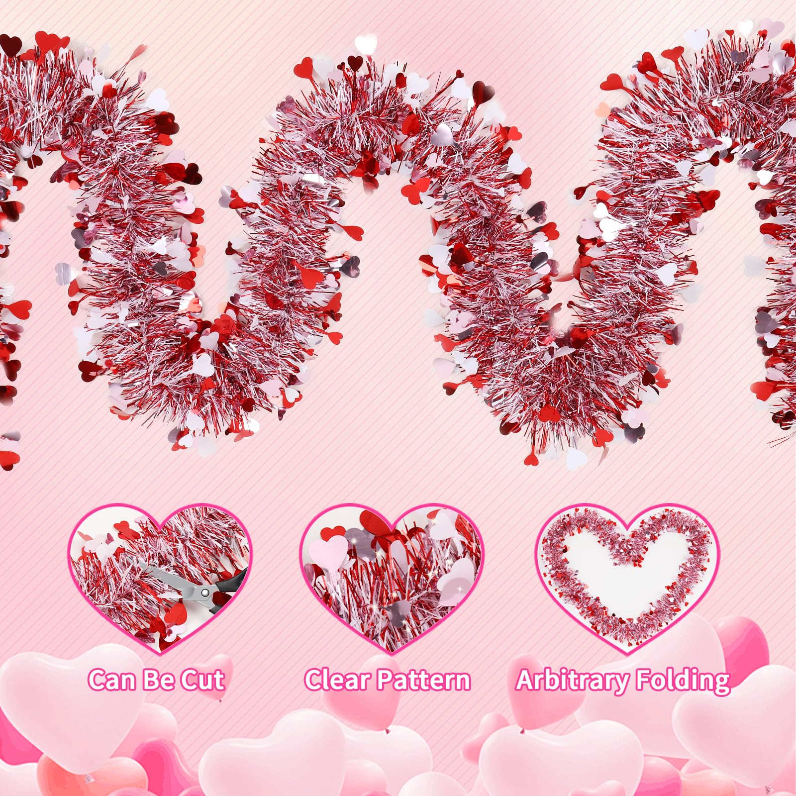 6 Pieces Total 50 FT Valentines Day Heart Tinsel Garland, Metallic Shiny Twist Valentine Garlands Hanging Decorations for Wedding Party Indoor and Outdoor Decor, Red Pink and White