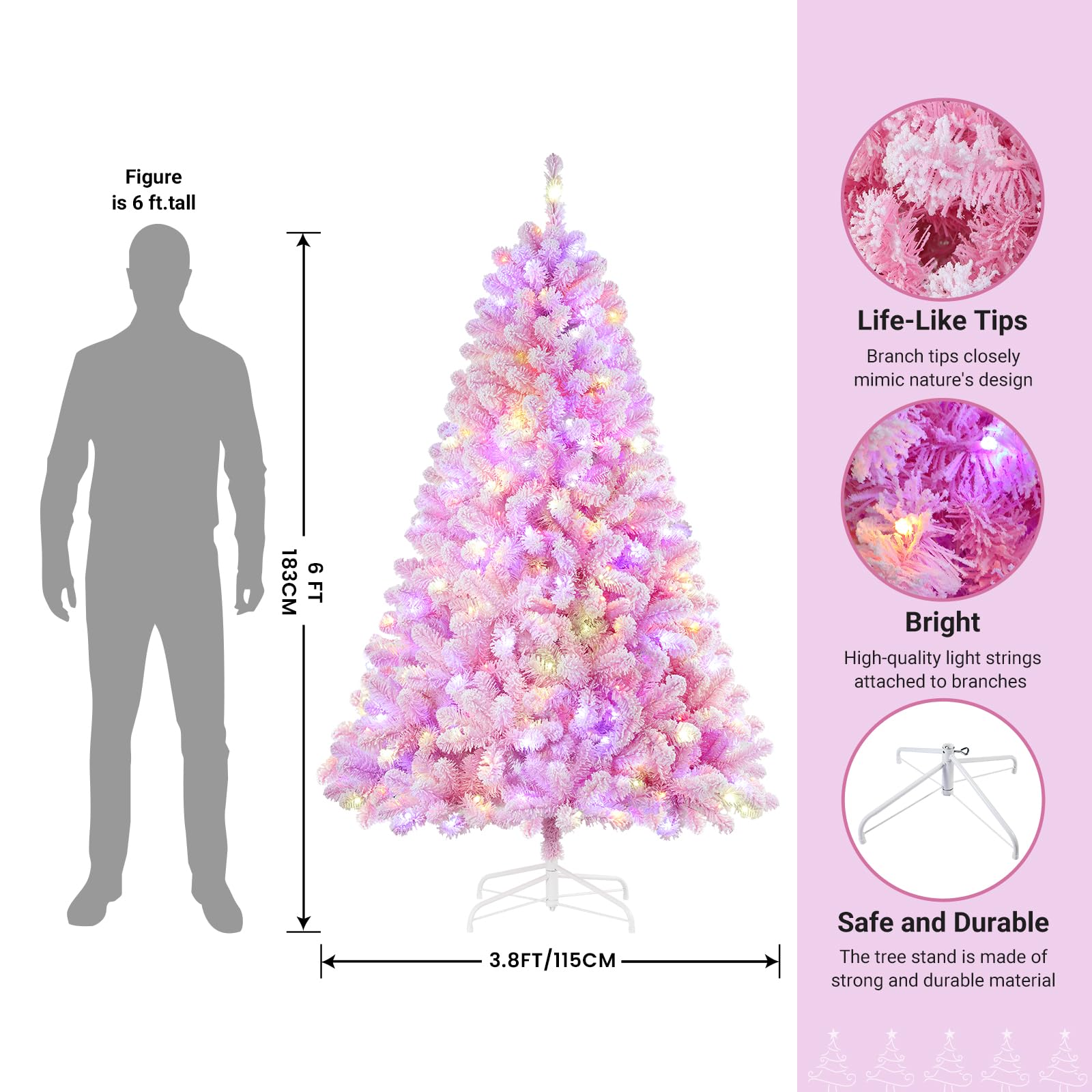 SHareconn 6ft Prelit Snow Flocked Artificial Holiday Christmas Tree with Remote (Upgraded), 330 Pre-Lit Multi-Color RGB Lights, Full Snow Branch Tips for Home, Office, Party Decoration, 6 FT, Pink - SHareconn