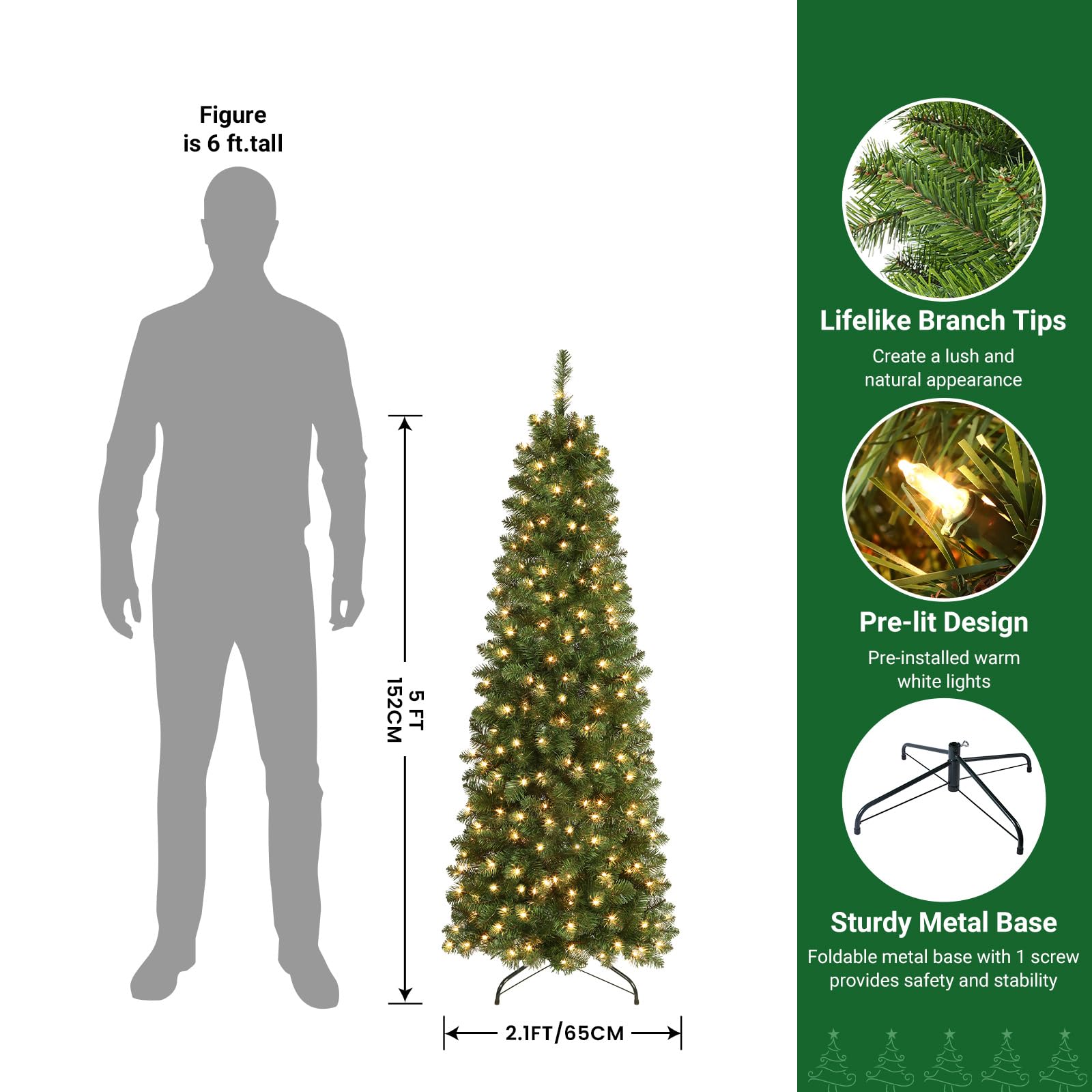 SHareconn 5ft Artificial Hinged Slim Pencil Prelit Christmas Tree with Lights, Warm White Light, The Perfect Choice of Decorations for Xmas Holiday, 5 Foot Pre Lit Christmas Tree, Green - SHareconn