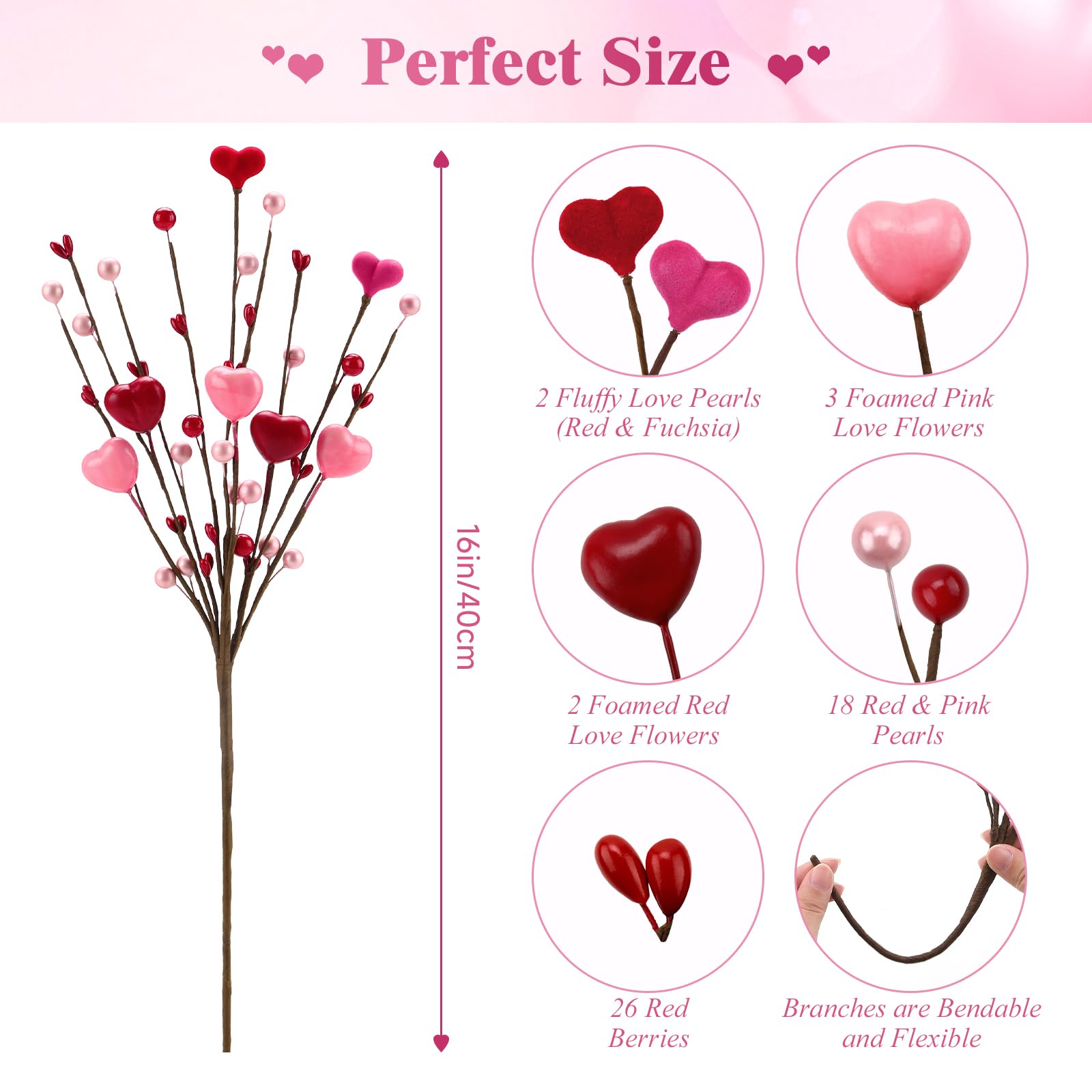 16 PCS Valentine's Day Gifts, Artificial Red Berry Flower Stems Pink Heart Shaped Berries Picks Branches for Valentine Decorations, Mother's Day, Wedding Anniversary Home Table Indoor Decor