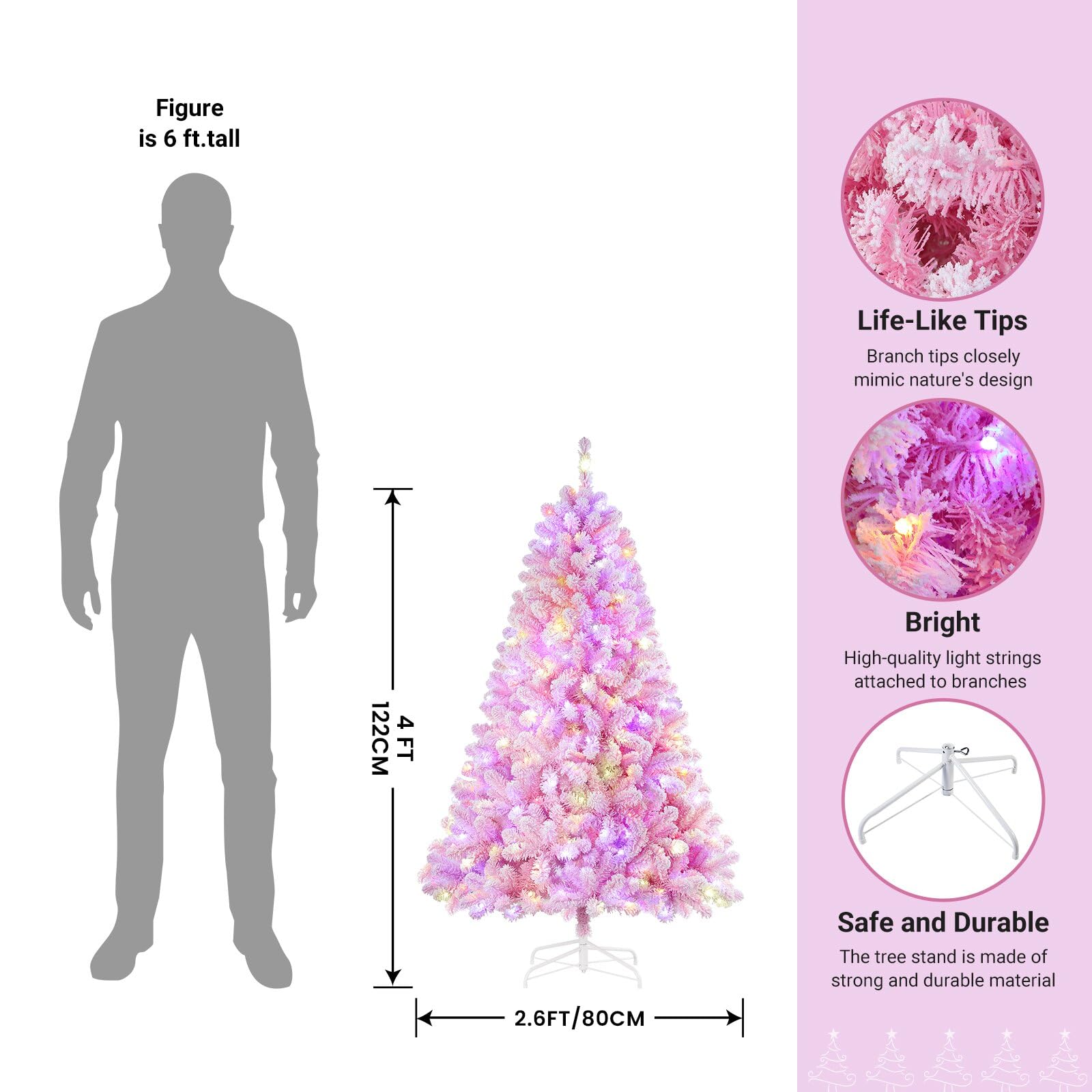 SHareconn 4ft Prelit Snow Flocked Artificial Holiday Christmas Tree with Remote (Upgraded), 170 Pre-Lit Multi-Color RGB Lights, Full Snow Branch Tips for Home, Office, Party Decoration, 4 FT, Pink - SHareconn