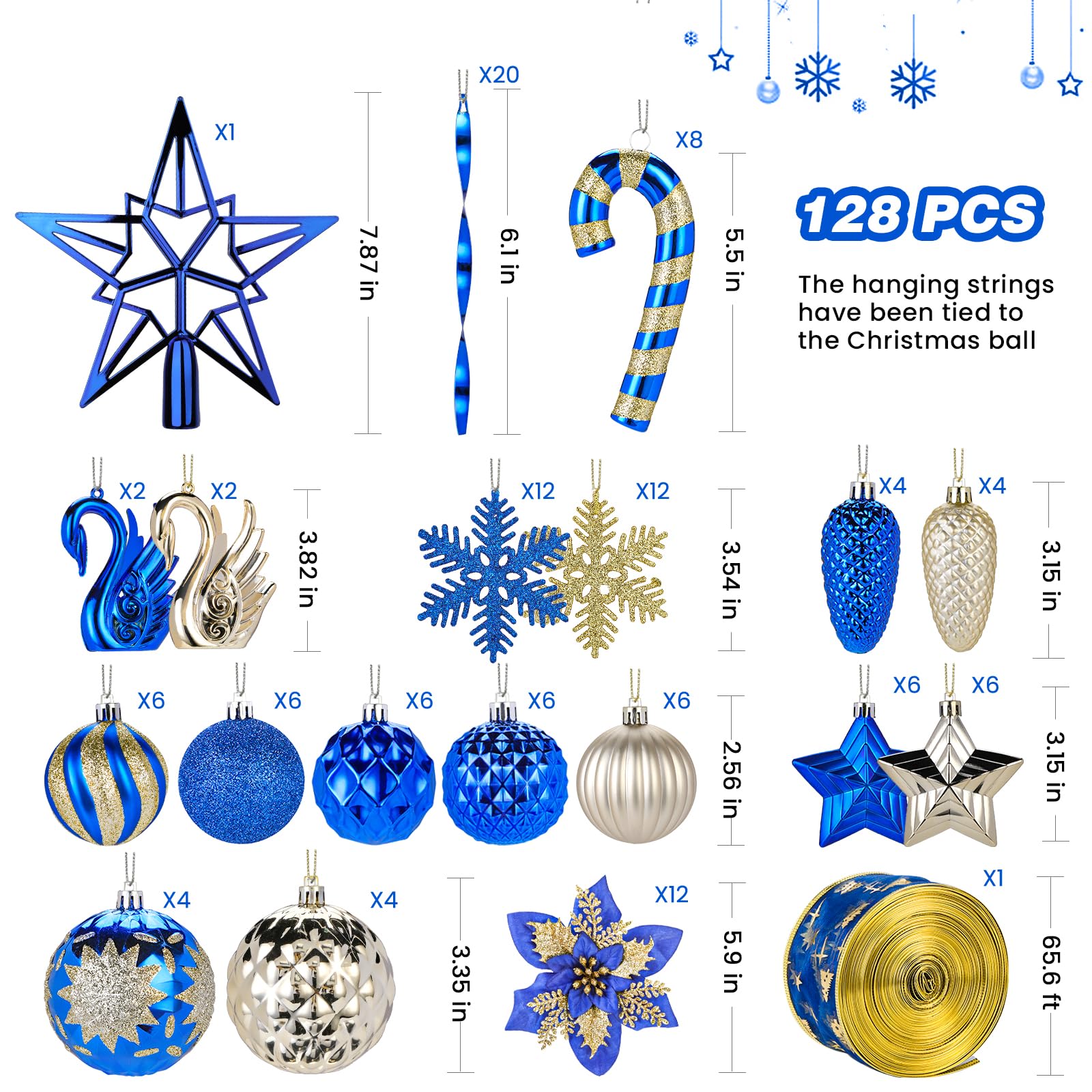 128pcs Christmas Shatterproof Plastic Baubles Christmas Flower, Ribbon and Tree Topper with Hanging Strings, Blue and Gold