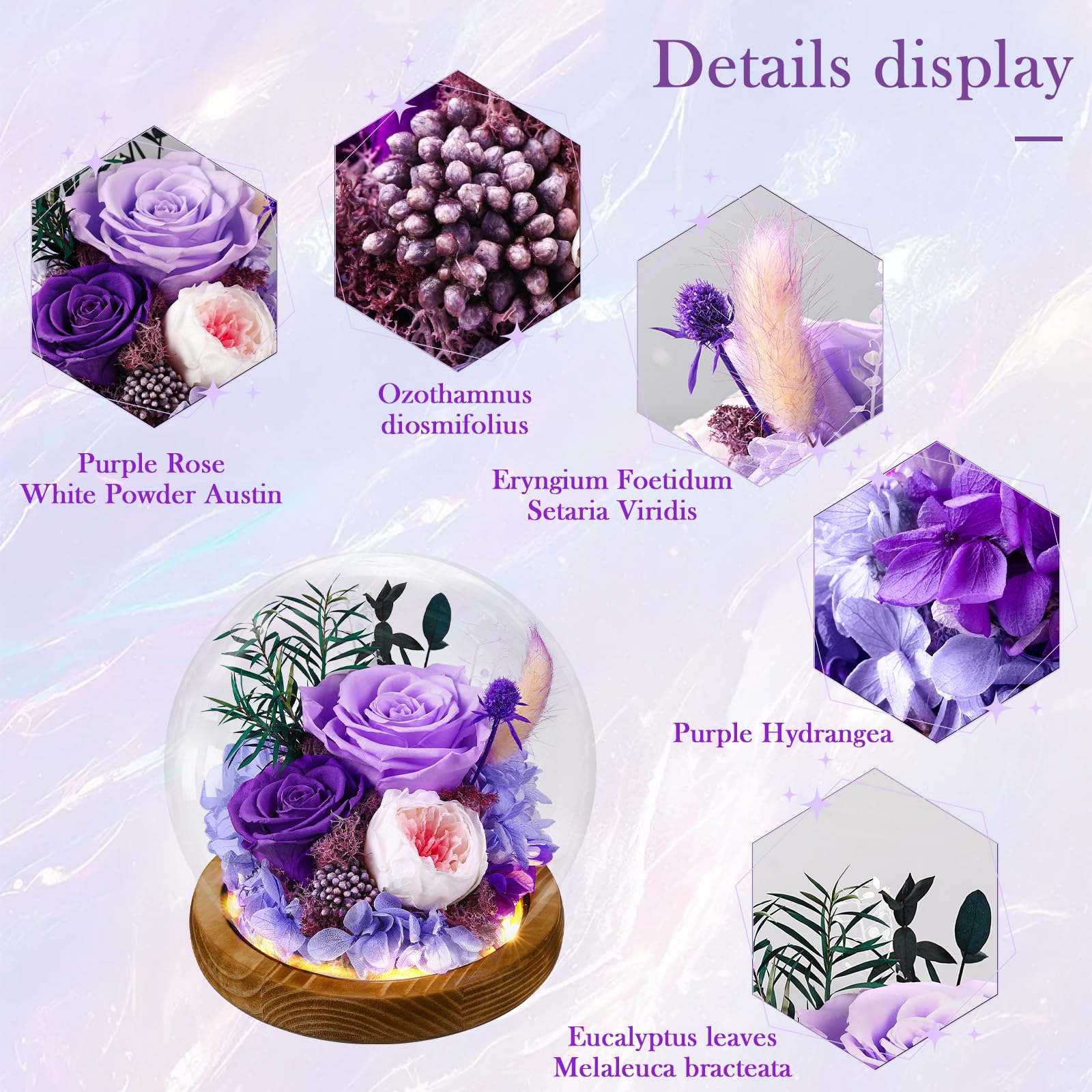 Preserved Real Flowers Gifts for Her,Women,Wife,Mom, Forever Fresh Roses in Glass Dome with LED Lights Purple