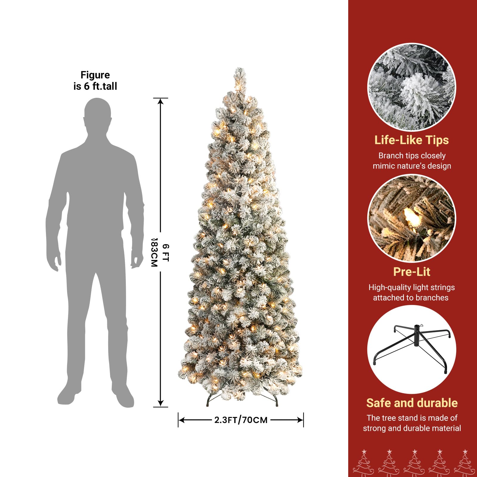 SHareconn 6ft Prelit Snow Flocked Artificial Hinged Slim Pencil Christmas Tree with Warm White Lights, Full Branch Tips, Perfect Choice Decoration for Xmas Holiday, 6 FT, White - SHareconn