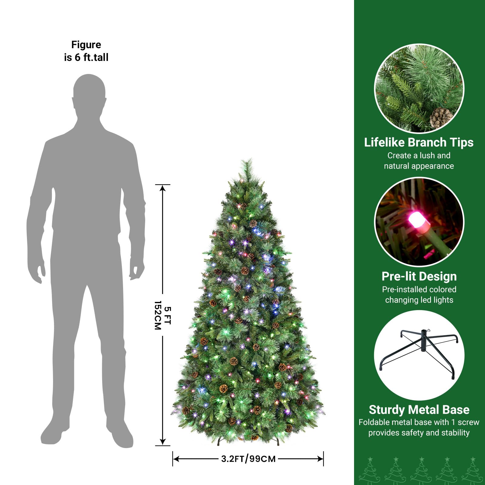 5.5ft Prelit Led Color Changing RGB Lights Artificial Hinged Christmas Pine Tree with Remote Control