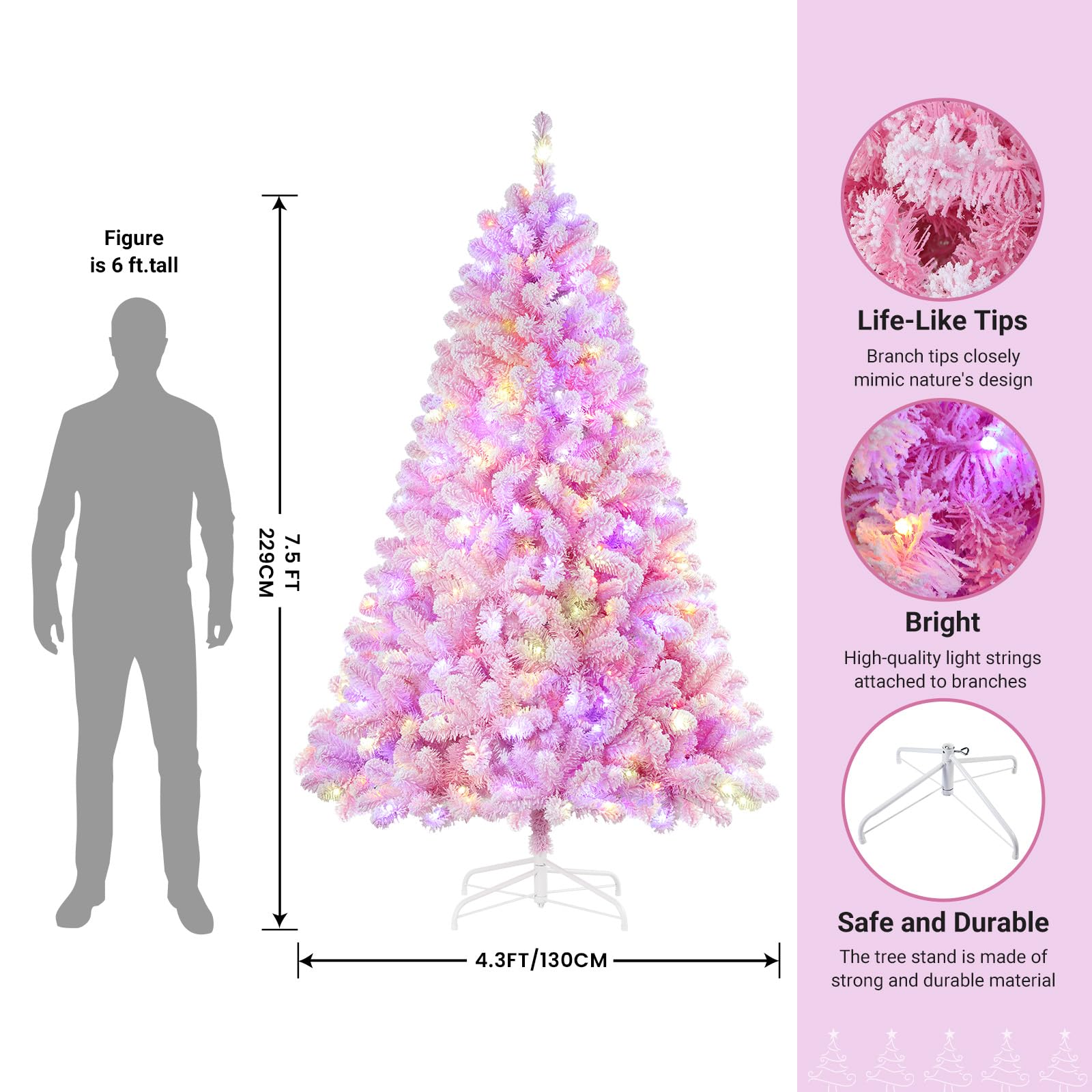 SHareconn 7.5ft Prelit Snow Flocked Artificial Holiday Christmas Tree with Remote (Upgraded), 400 Pre-Lit Multi-Color RGB Lights, Full Snow Branch Tips for Home, Office, Party Decoration, 7.5 FT Pink - SHareconn