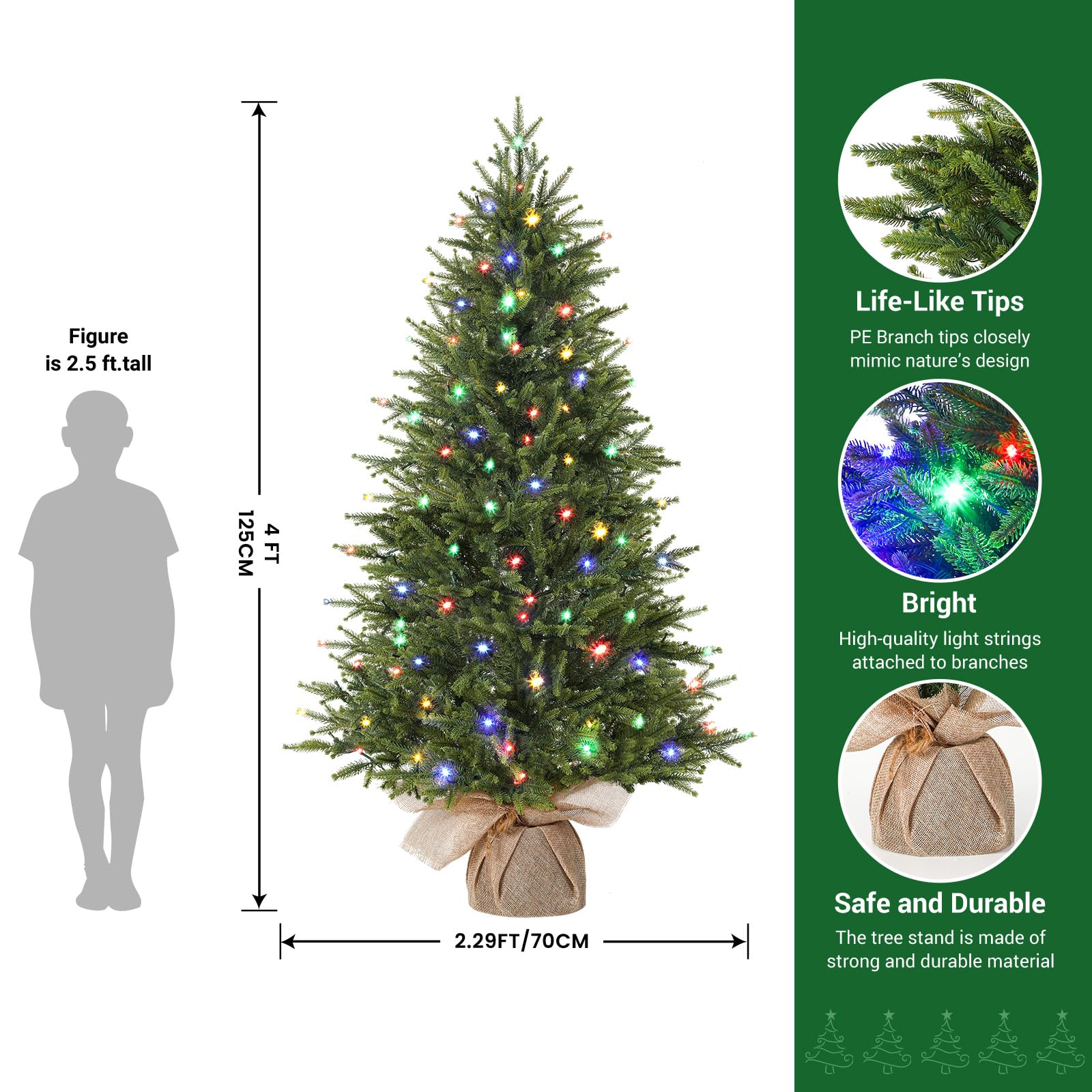 4ft Prelit Artificial Small Mini Christmas Tree with Color LED Lights