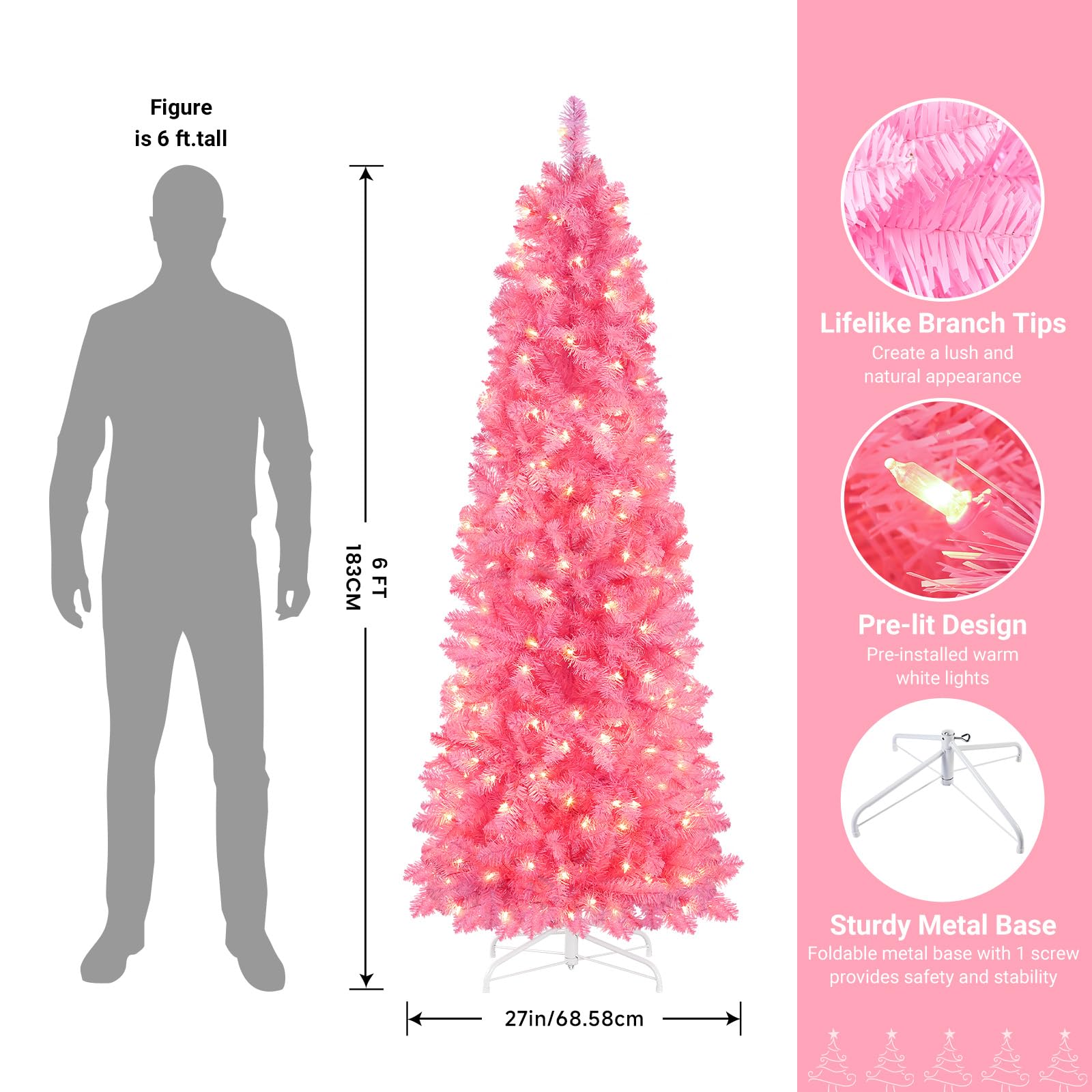 SHareconn 6ft Prelit Artificial Hinged Slim Pencil Christmas Tree with Warm White Lights, Full Branch Tips, Perfect Choice Decoration for Xmas Holiday, 6 FT, Pink - SHareconn