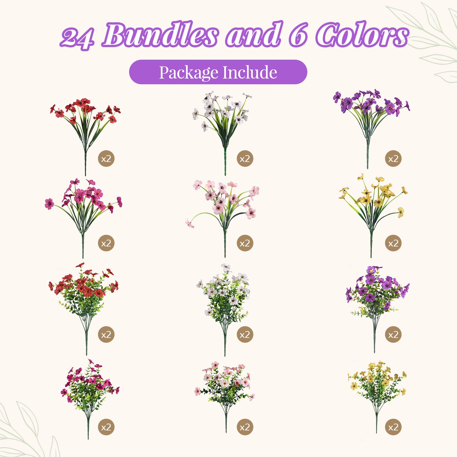 24 Bundles Artificial Flowers, UV Resistant Silk Violet with Leaf Grass and Eucalyptus SpringFake Plants, Mix 6 Colors